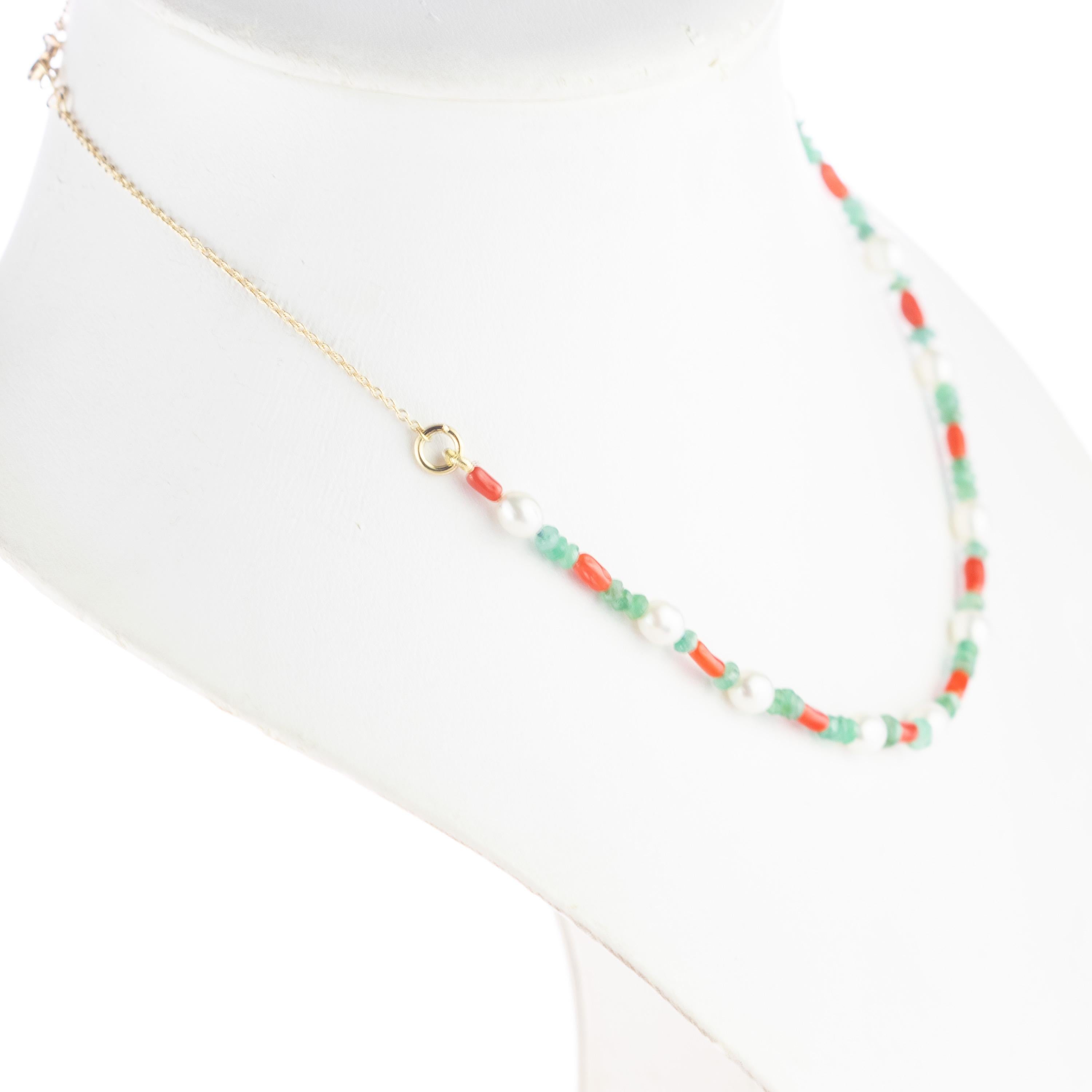 Women's Intini Jewels Coral Emeralds Mother of Pearl 14 Karat Gold Chain Chic Necklace For Sale