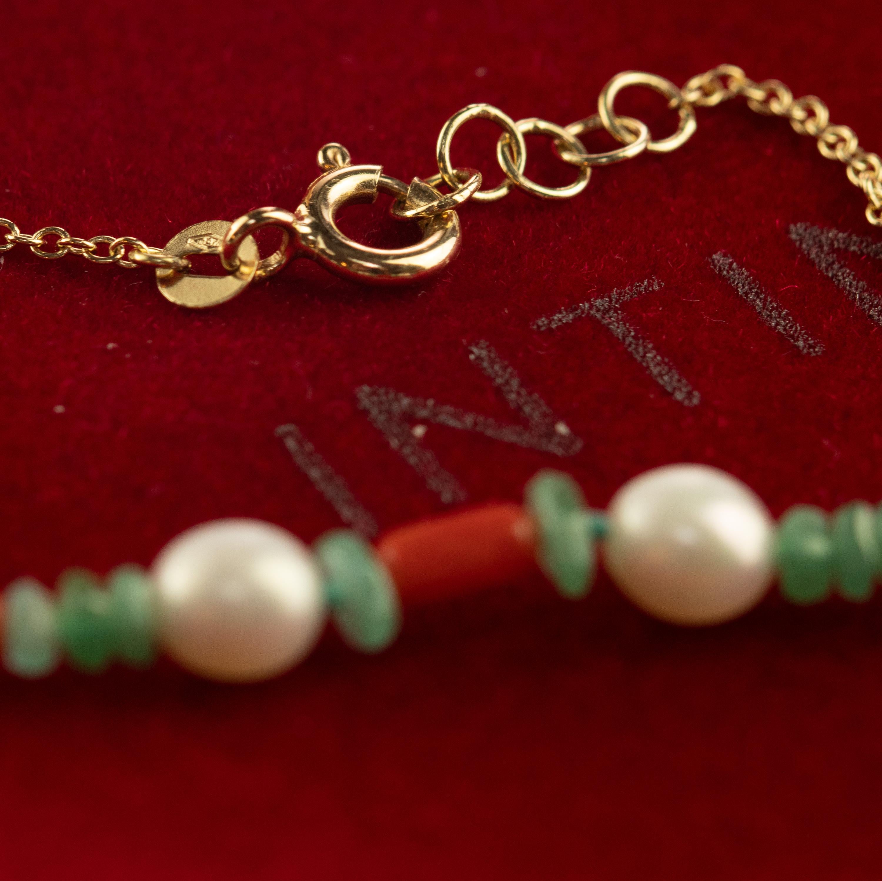 Intini Jewels Coral Emeralds Mother of Pearl 14 Karat Gold Chain Chic Necklace For Sale 1