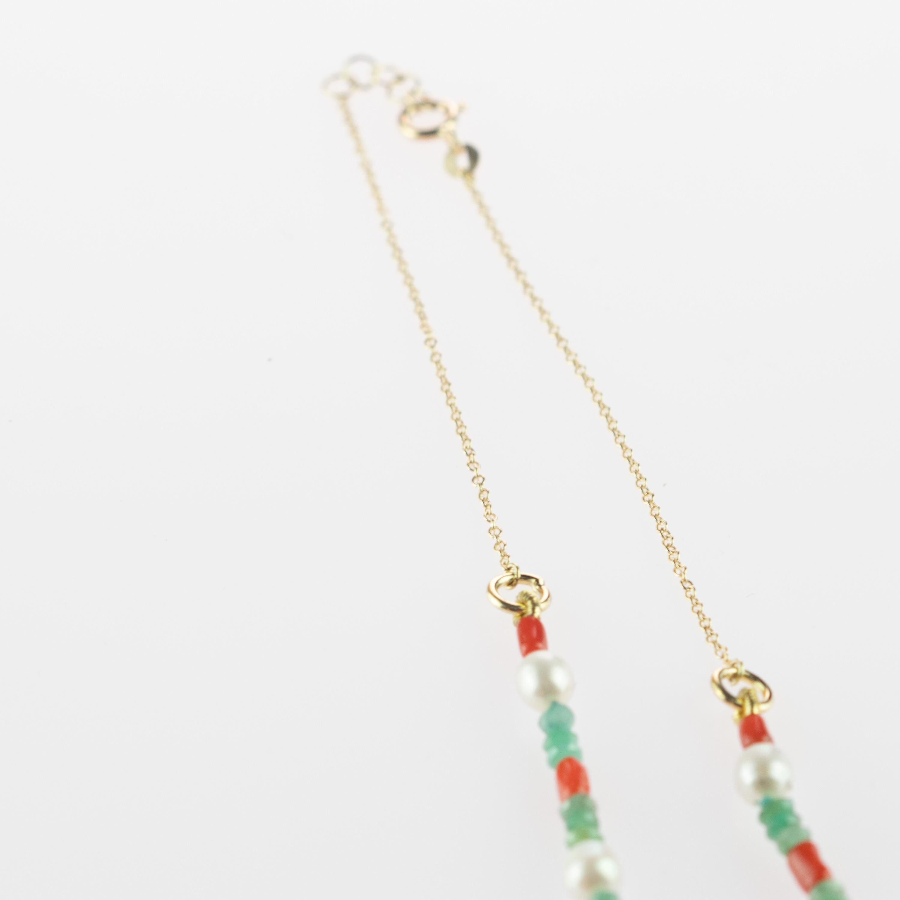 Intini Jewels Coral Emeralds Mother of Pearl 14 Karat Gold Chain Chic Necklace For Sale 3