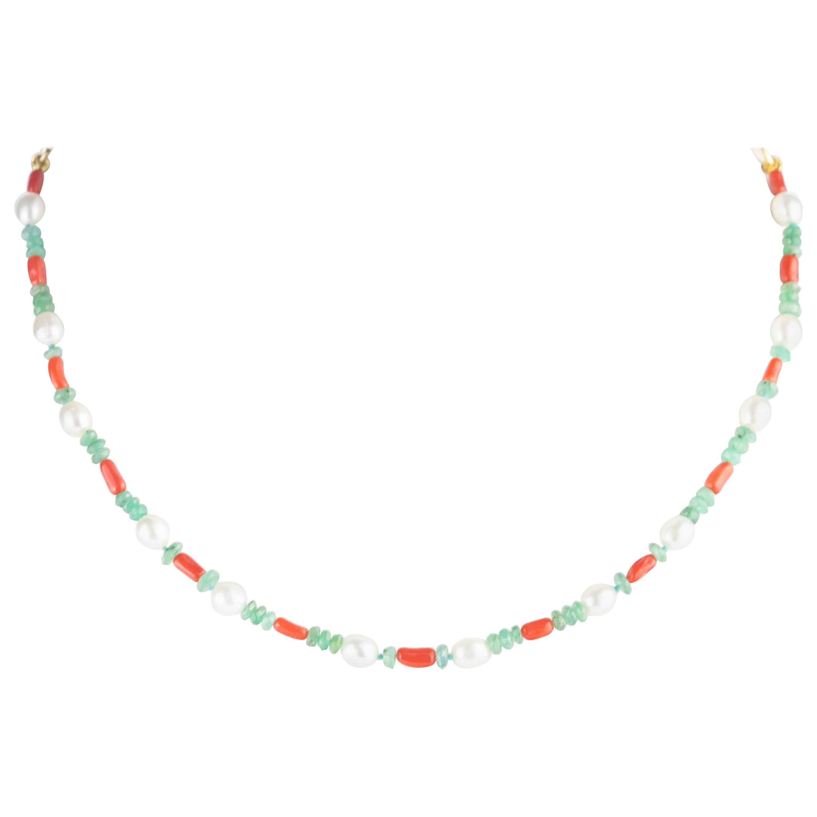 Intini Jewels Coral Emeralds Mother of Pearl 14 Karat Gold Chain Chic Necklace For Sale