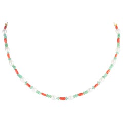 Intini Jewels Coral Emeralds Mother of Pearl 18 Karat Gold Chain Chic Necklace