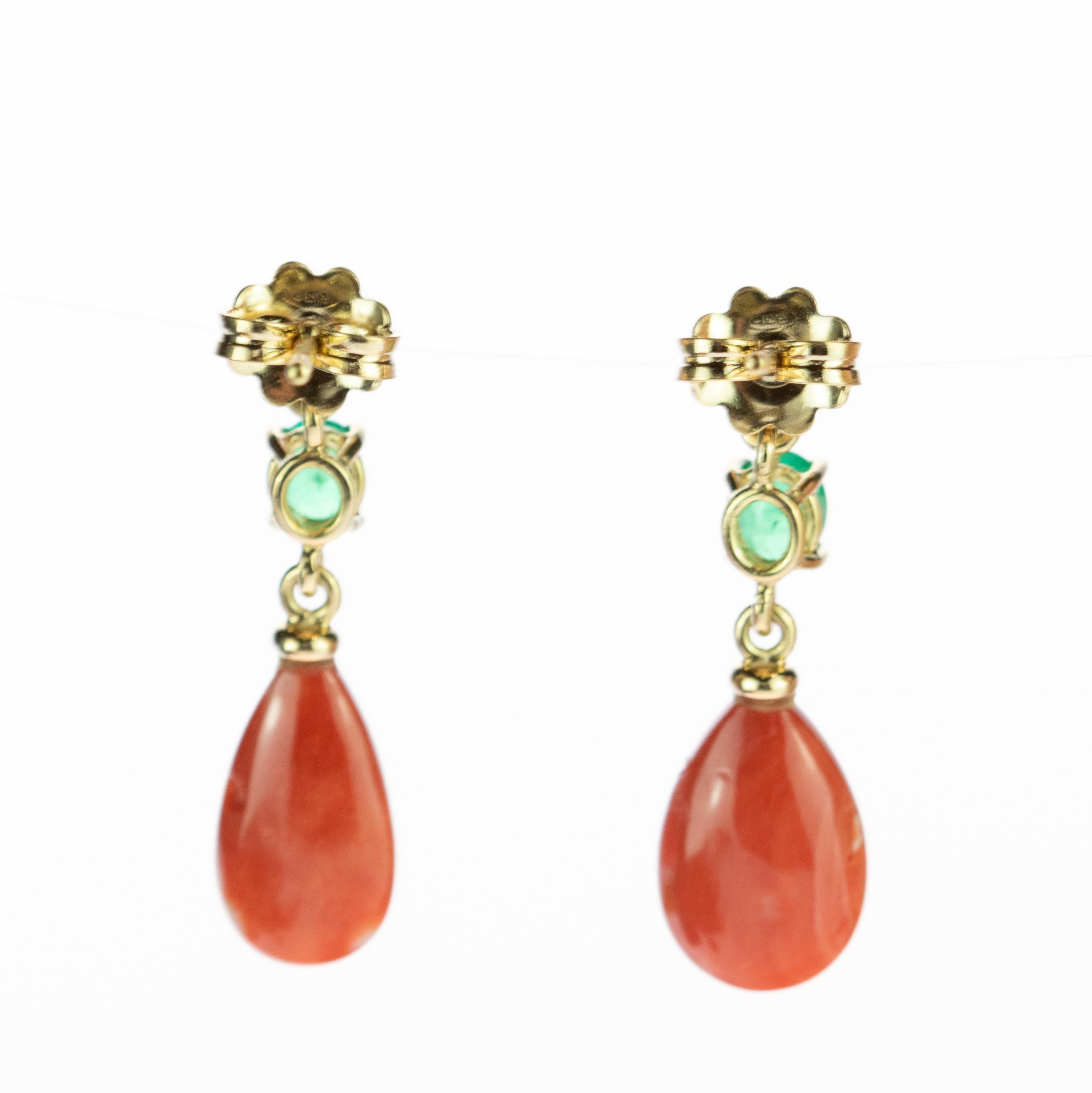 Art Deco Intini Jewels Coral Tear Emerald Diamond 18 Karat Yellow Gold Bold Drop Earrings For Sale