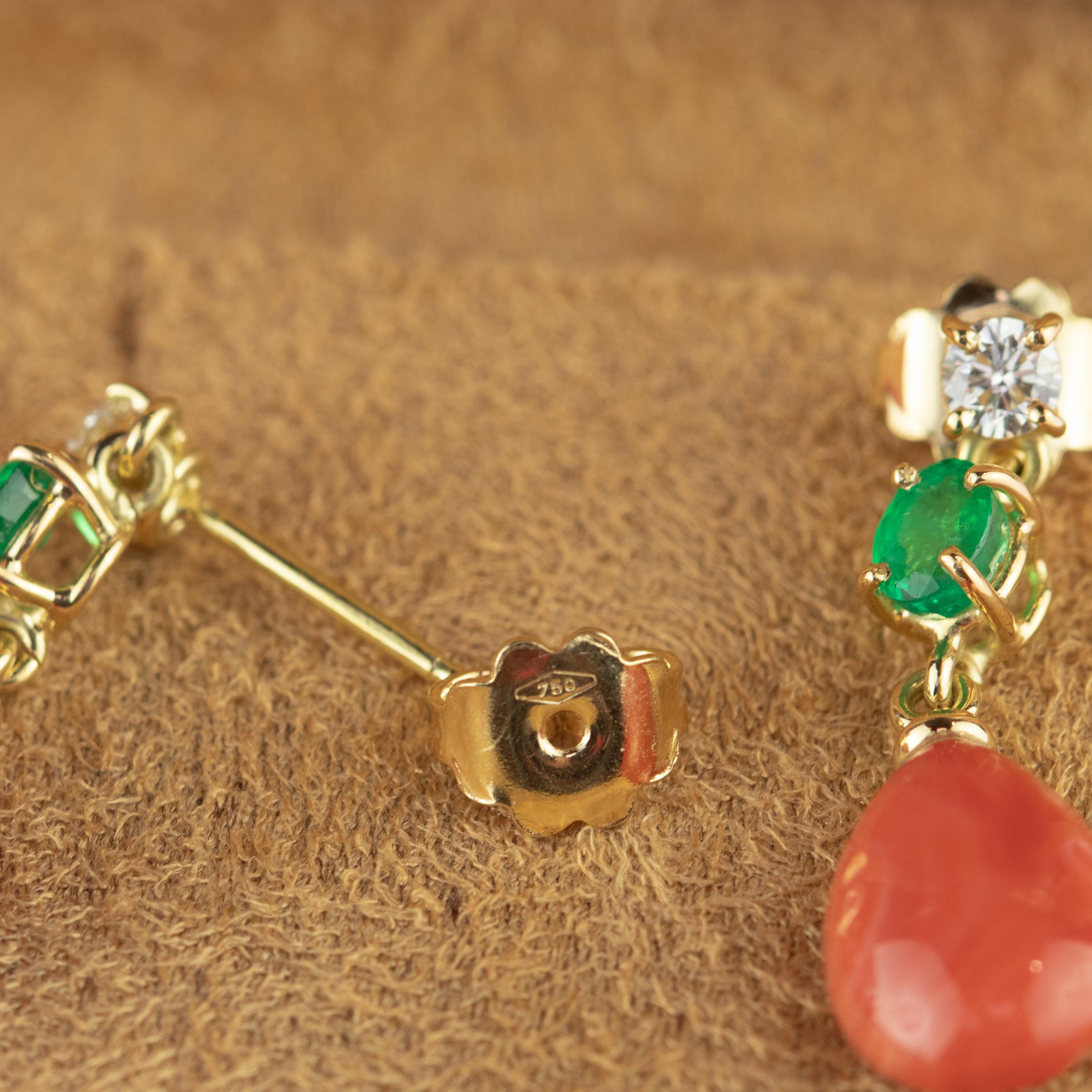 Mixed Cut Intini Jewels Coral Tear Emerald Diamond 18 Karat Yellow Gold Bold Drop Earrings For Sale