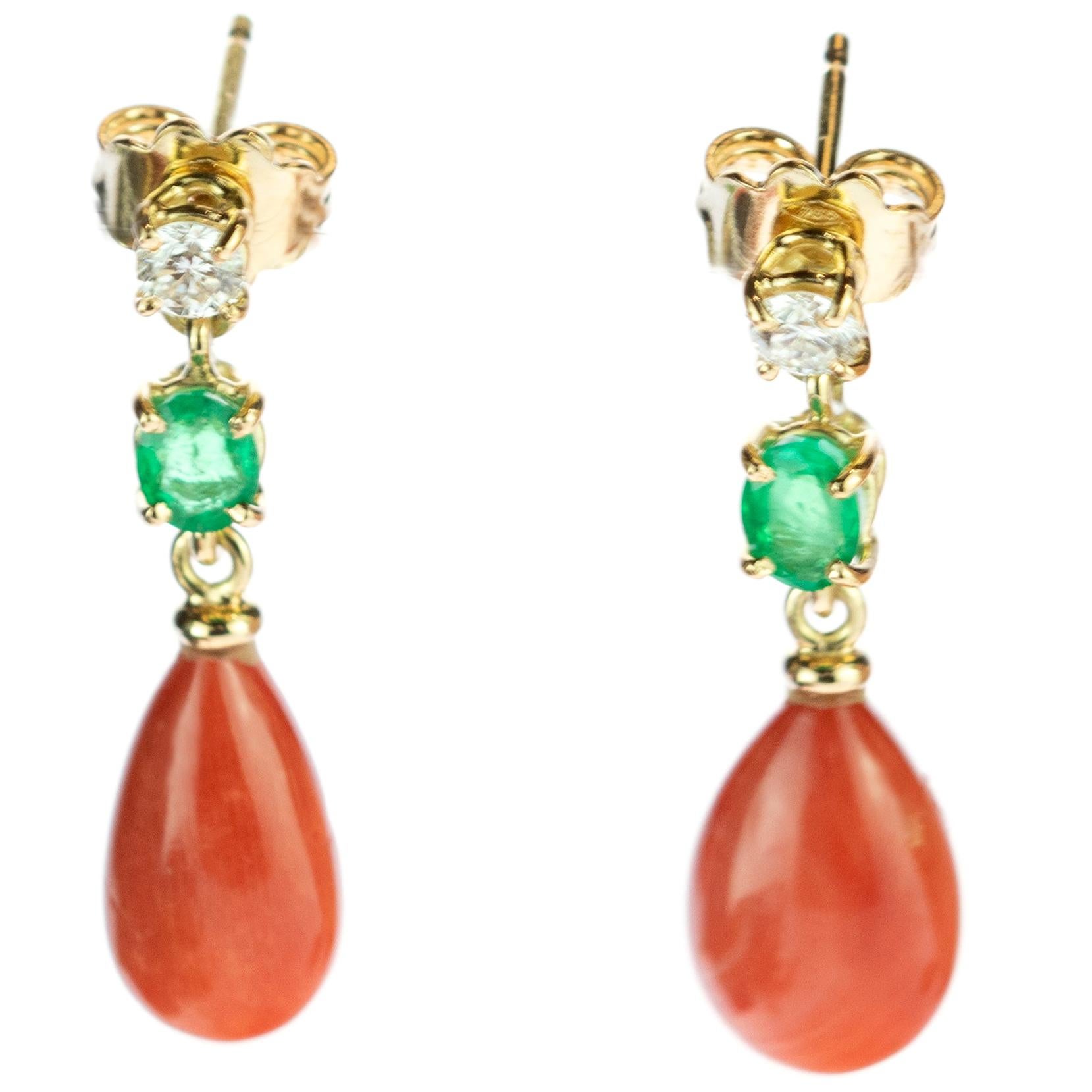 Intini Jewels Coral Tear Emerald Diamond 18 Karat Yellow Gold Bold Drop Earrings For Sale