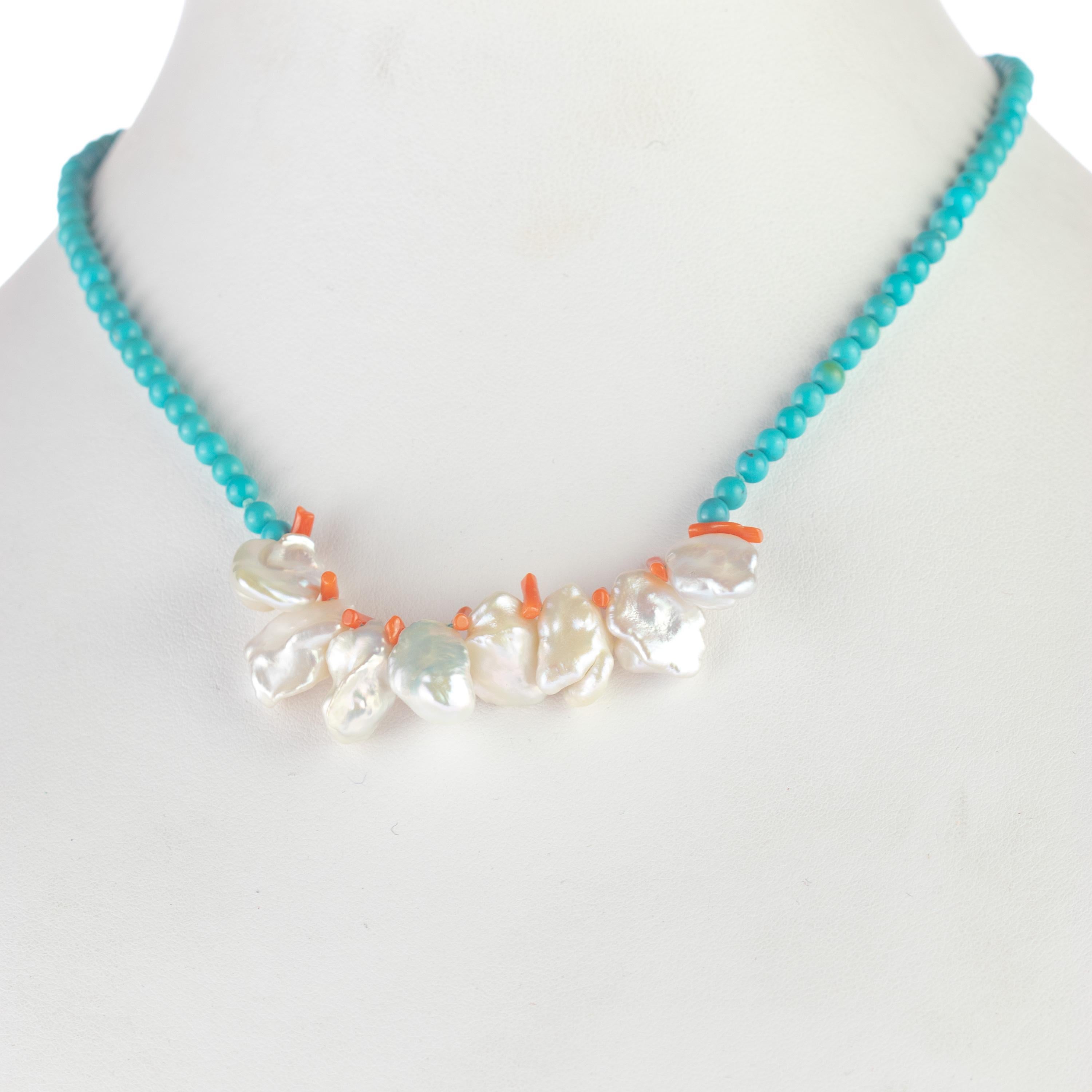 Art Nouveau Intini Jewels Coral Turquoise Mother of Pearl Sterling Silver Beaded Necklace For Sale