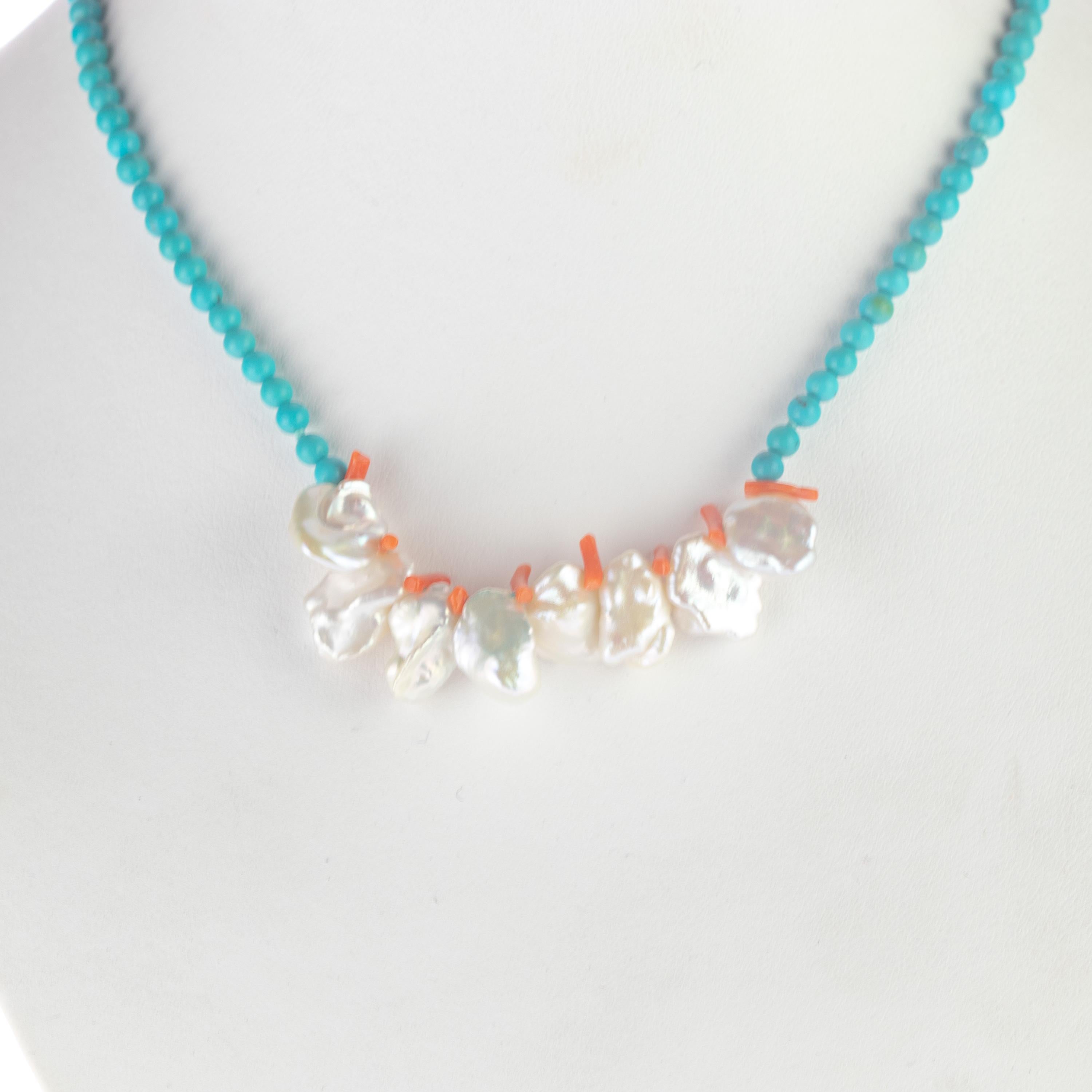 Mixed Cut Intini Jewels Coral Turquoise Mother of Pearl Sterling Silver Beaded Necklace For Sale