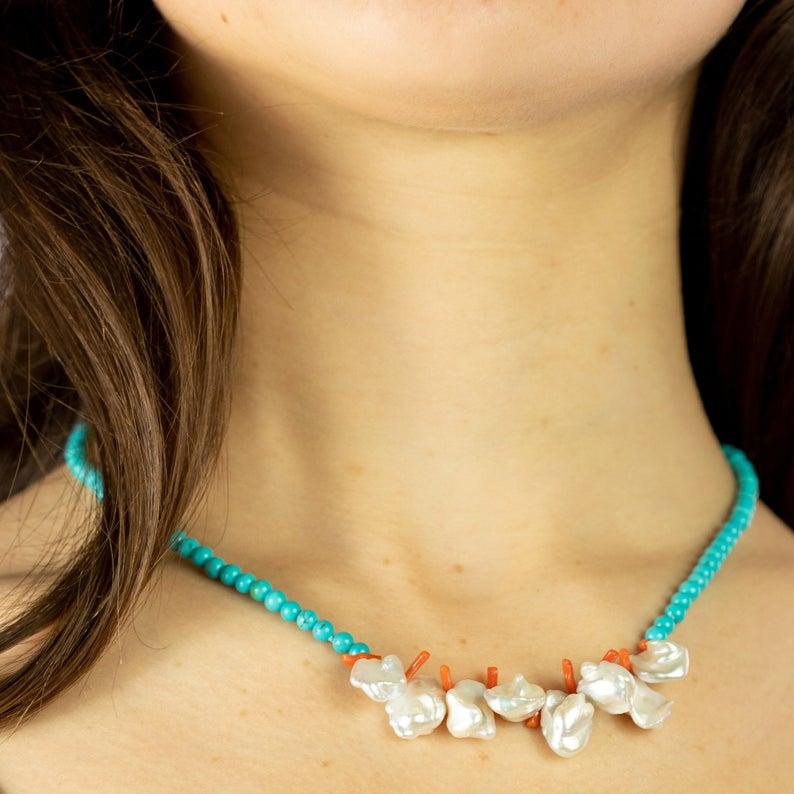 Intini Jewels Coral Turquoise Mother of Pearl Sterling Silver Beaded Necklace In New Condition For Sale In Milano, IT