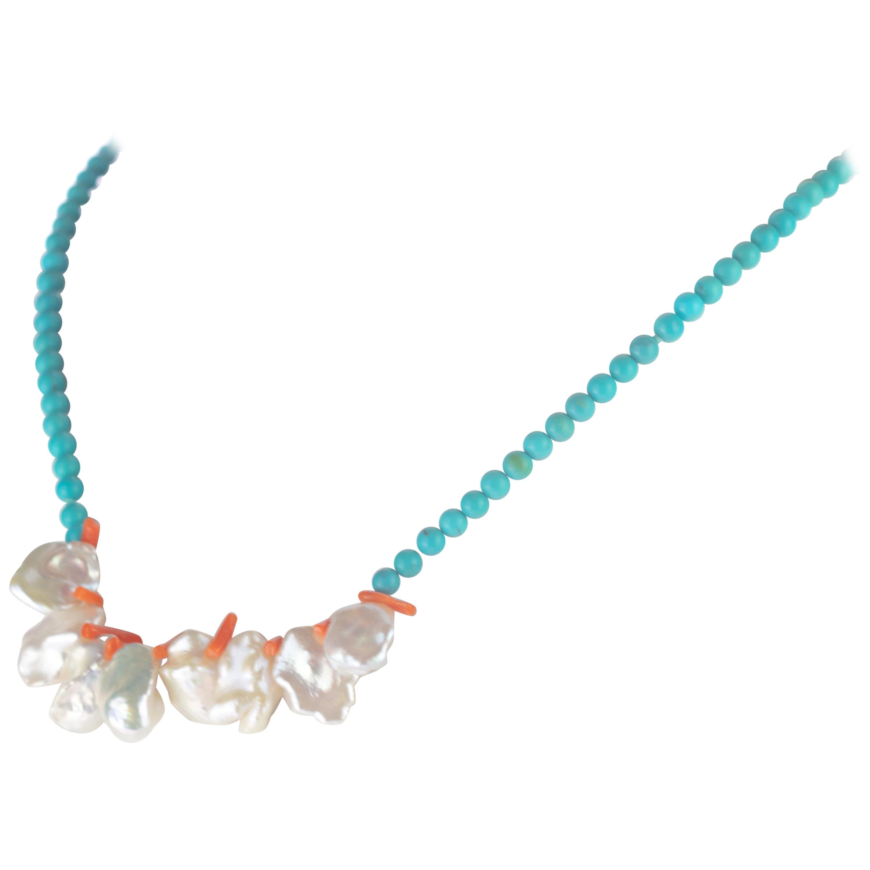 Intini Jewels Coral Turquoise Mother of Pearl Sterling Silver Beaded Necklace For Sale