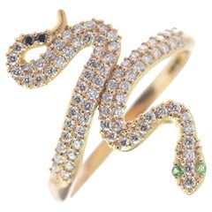 Intini Jewels Bague serpent italienne en or jaune 18 carats avec grappe de diamants et tsavorites