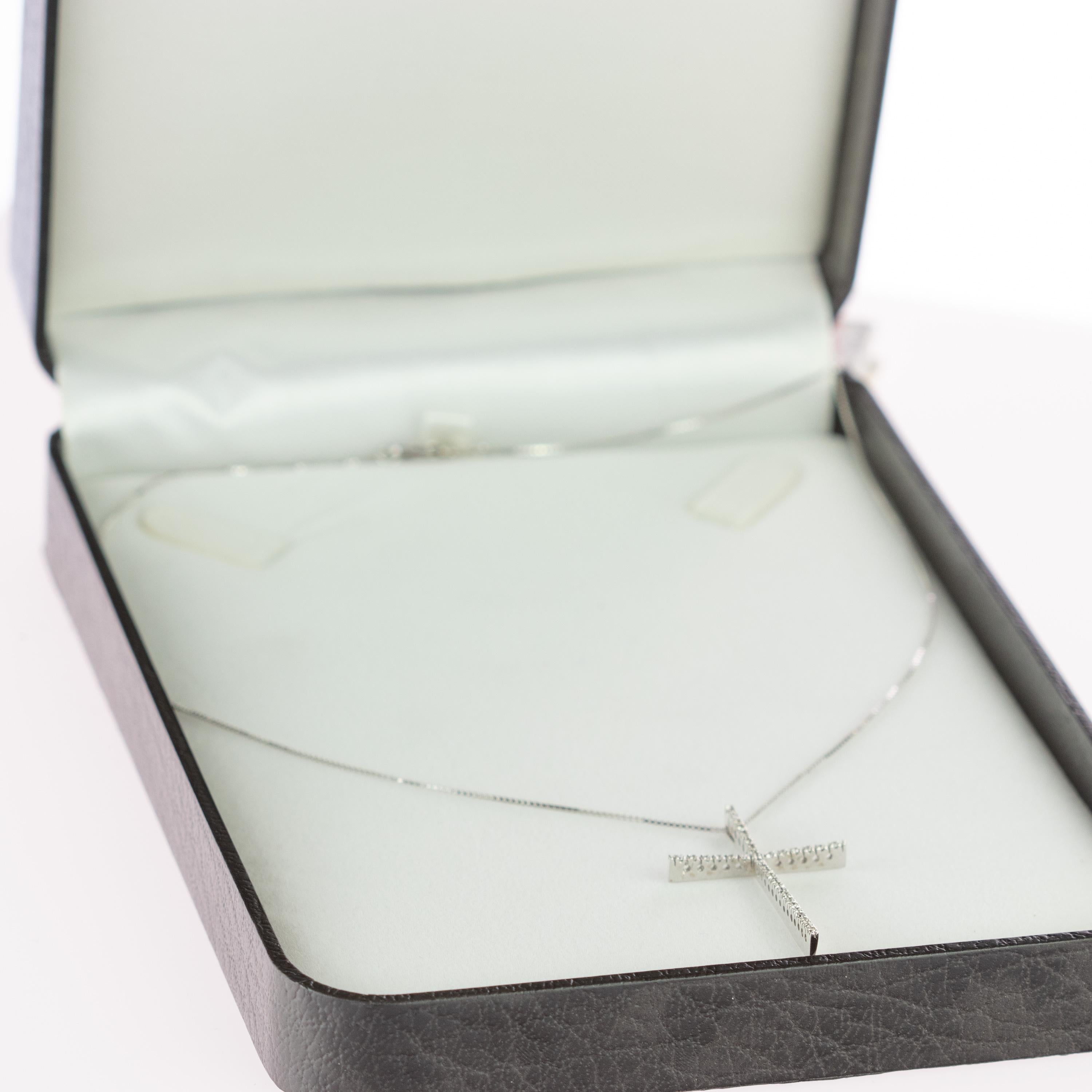 Brilliant Cut Intini Jewels Diamond Cross Pendant 18 Karat White Gold Chain Catholic Necklace For Sale