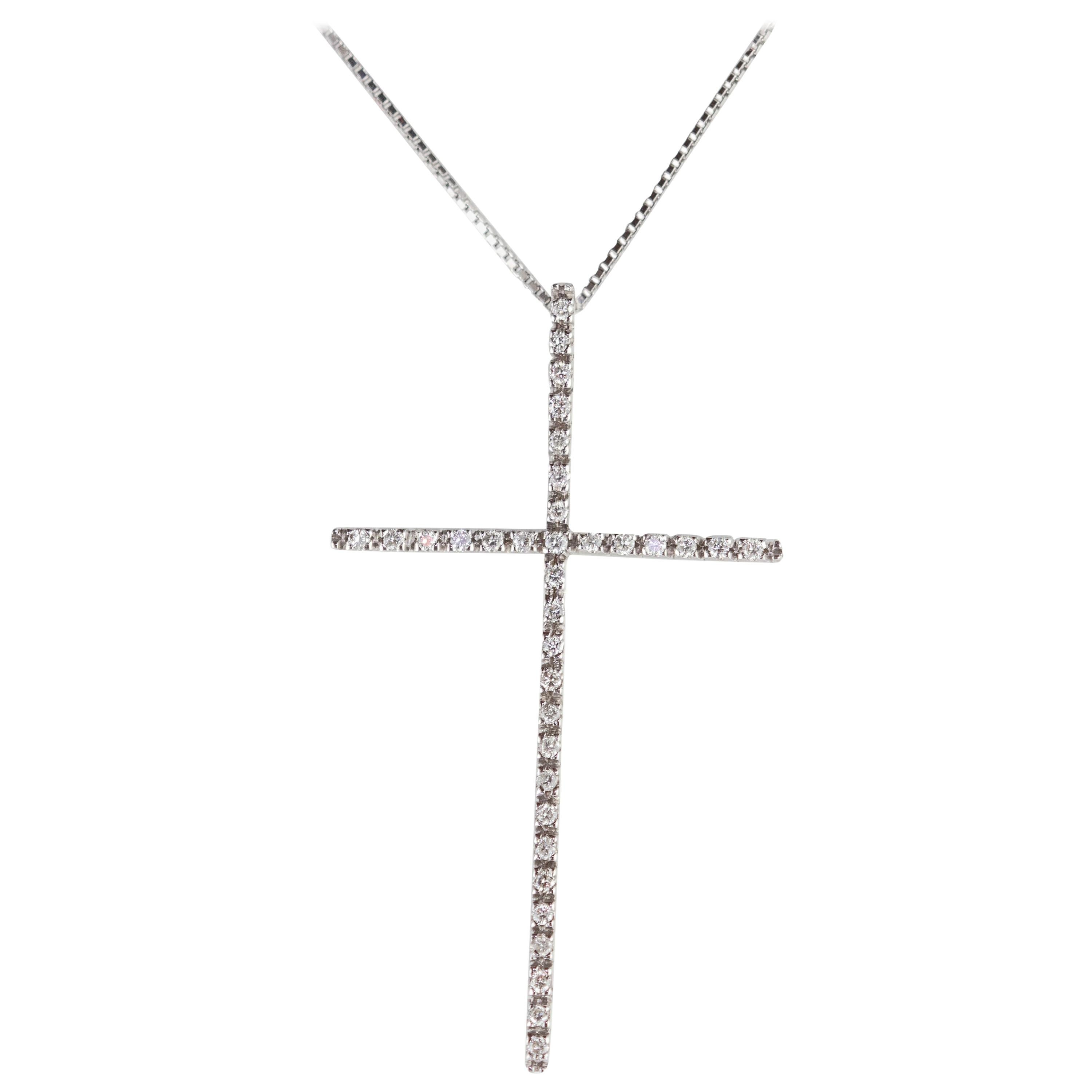 Intini Jewels Diamond Cross Pendant 18 Karat White Gold Chain Catholic Necklace For Sale