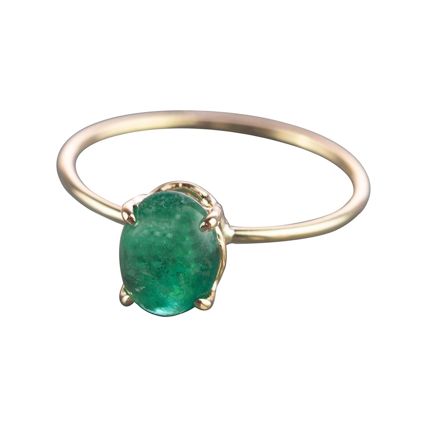 Intini Jewels Emerald Oval Cabochon 18 Karat Gold Cocktail Band Handmade Ring For Sale