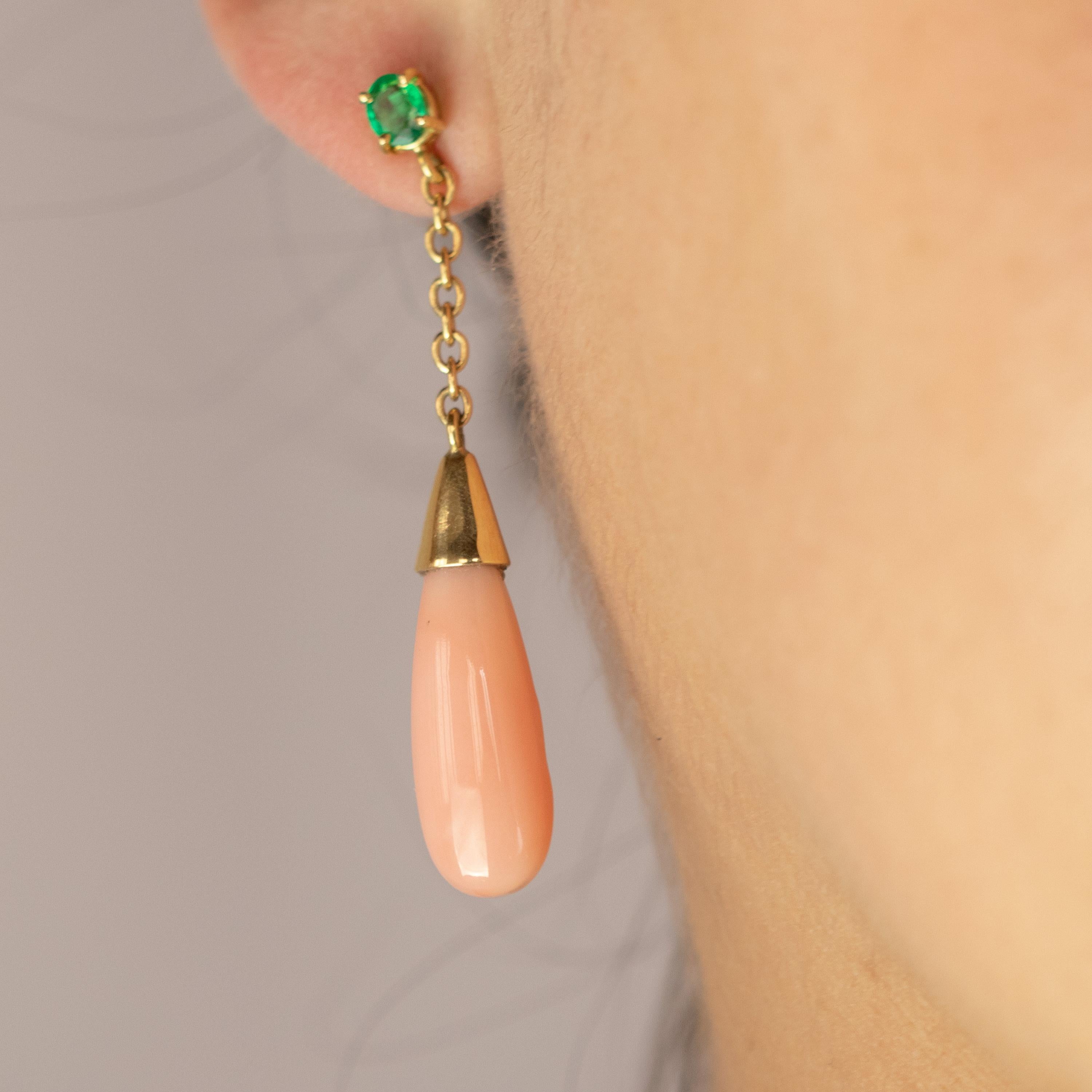 Intini Jewels Pendientes Esmeralda Rosa Coral Gota Lágrima Oro 18 Kilates Cocktail Chic Renacimiento en venta