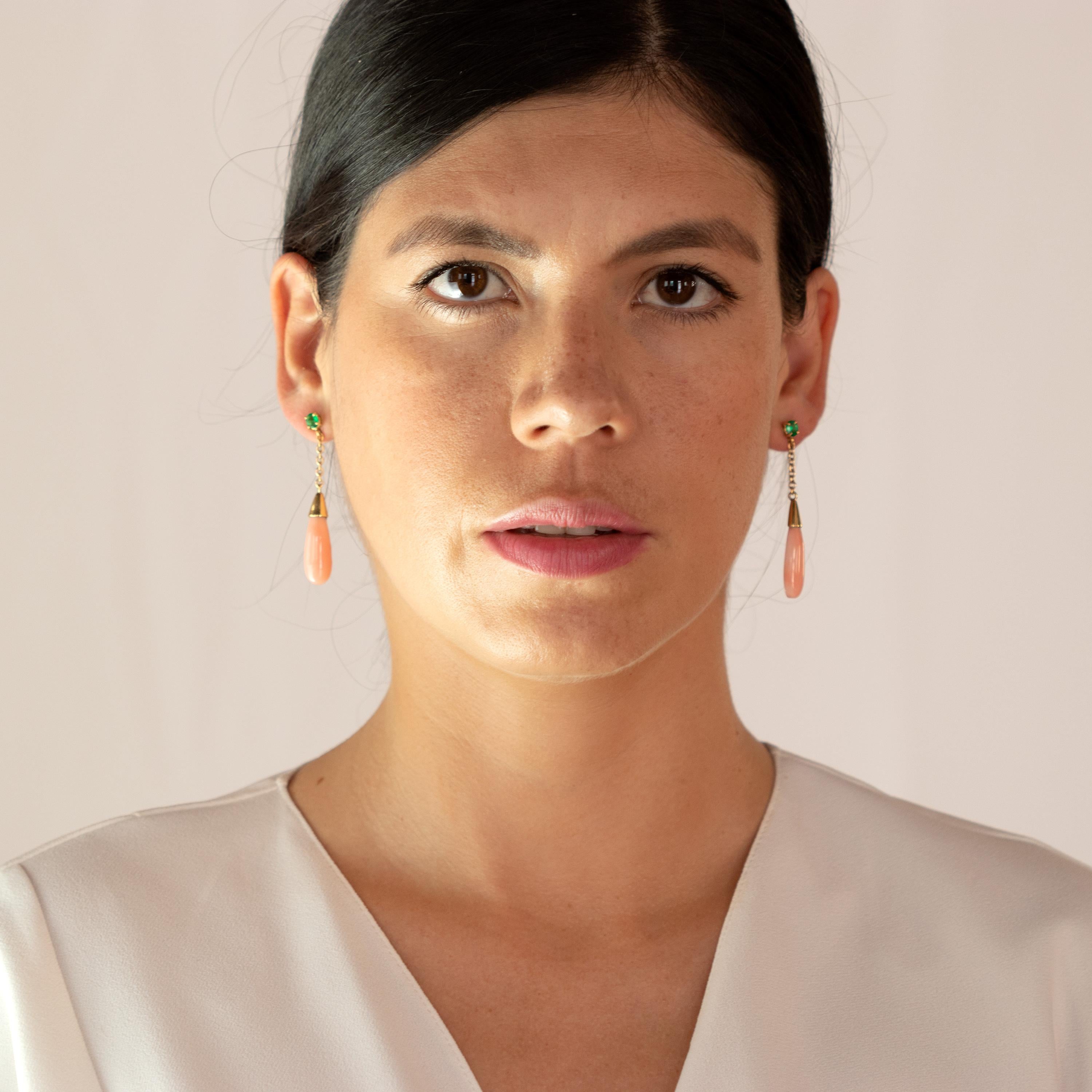 Intini Jewels Pendientes Esmeralda Rosa Coral Gota Lágrima Oro 18 Kilates Cocktail Chic en venta 2