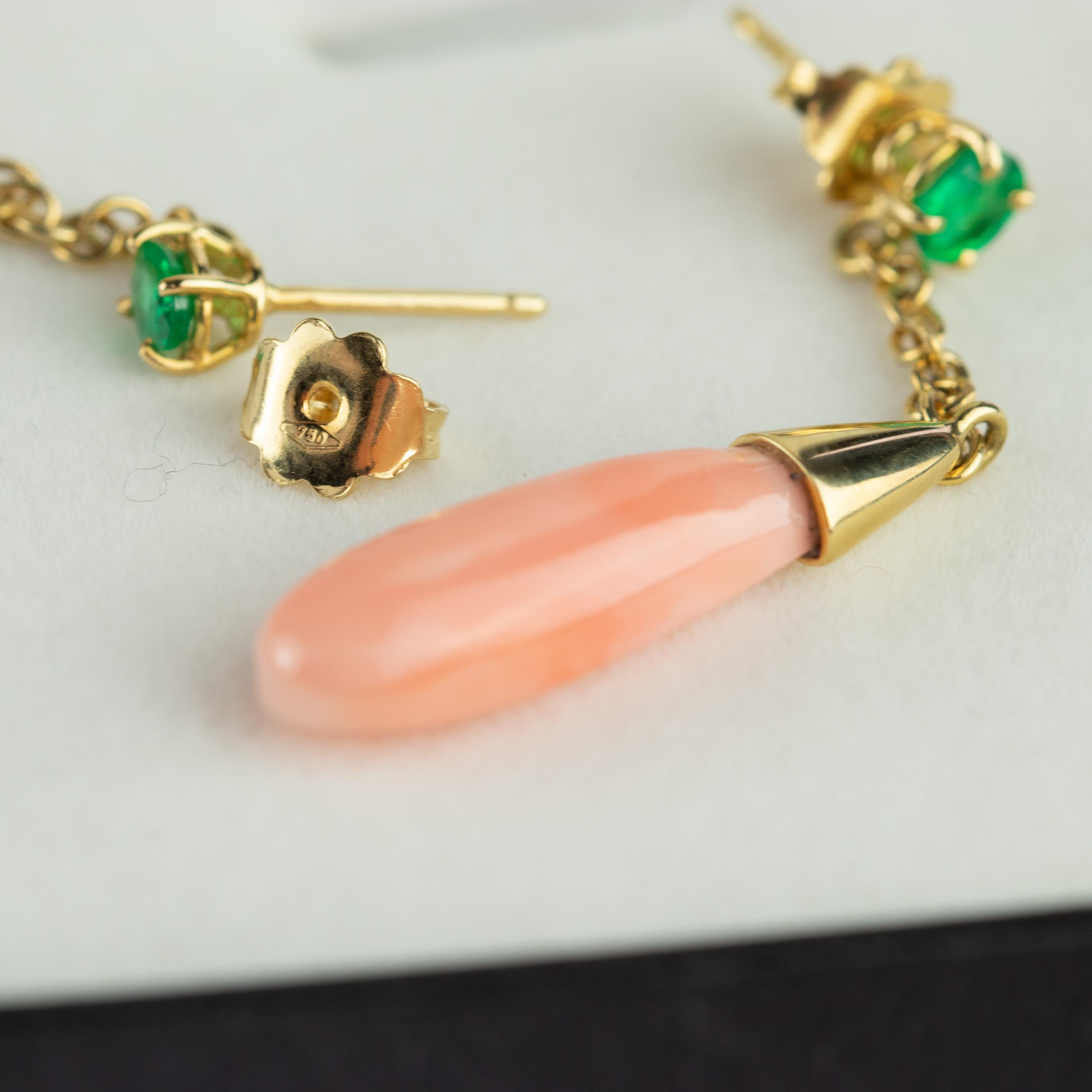 Intini Jewels Pendientes Esmeralda Rosa Coral Gota Lágrima Oro 18 Kilates Cocktail Chic en venta 7