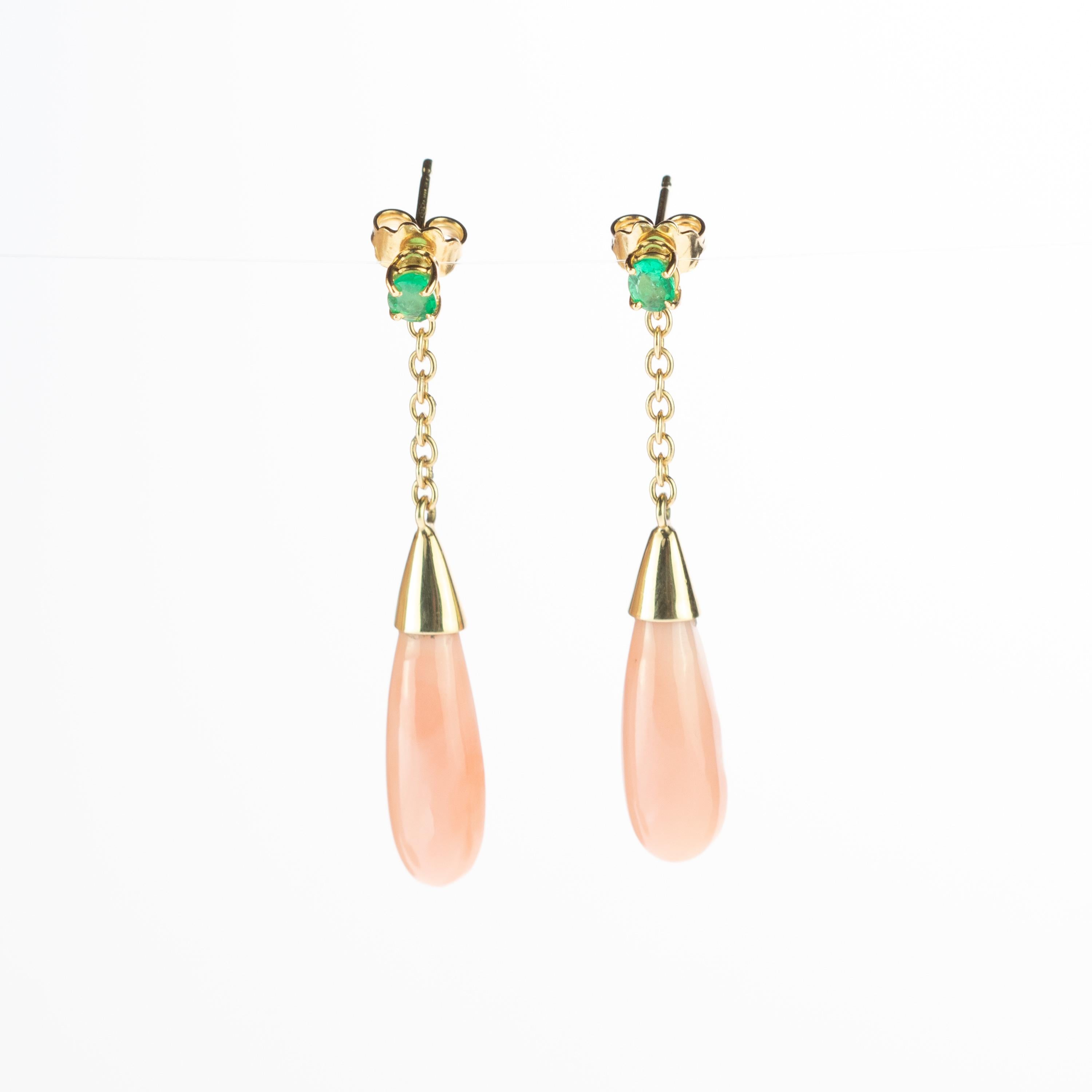 Intini Jewels Pendientes Esmeralda Rosa Coral Gota Lágrima Oro 18 Kilates Cocktail Chic Corte mixto en venta