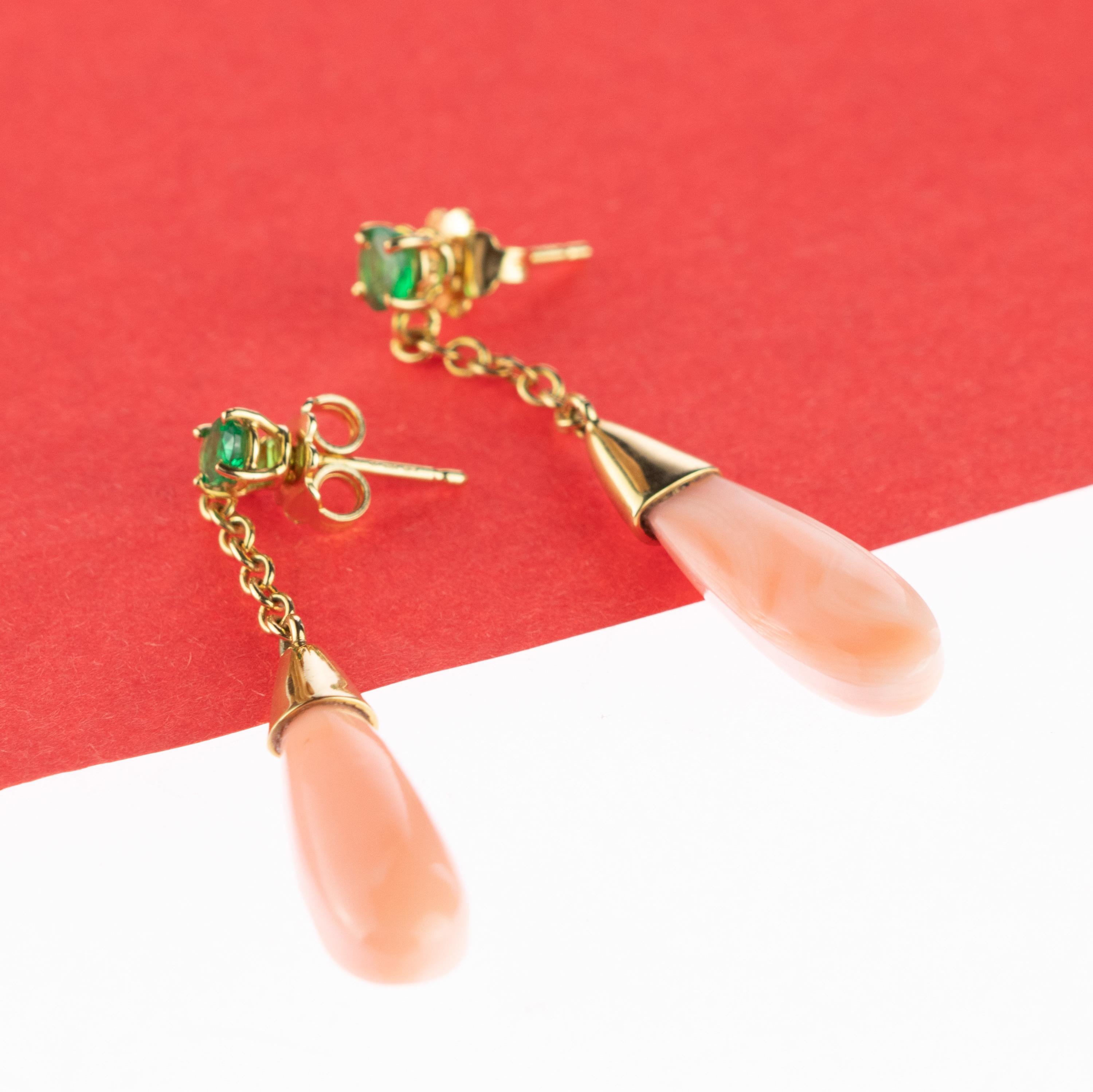 Intini Jewels Pendientes Esmeralda Rosa Coral Gota Lágrima Oro 18 Kilates Cocktail Chic en venta 1