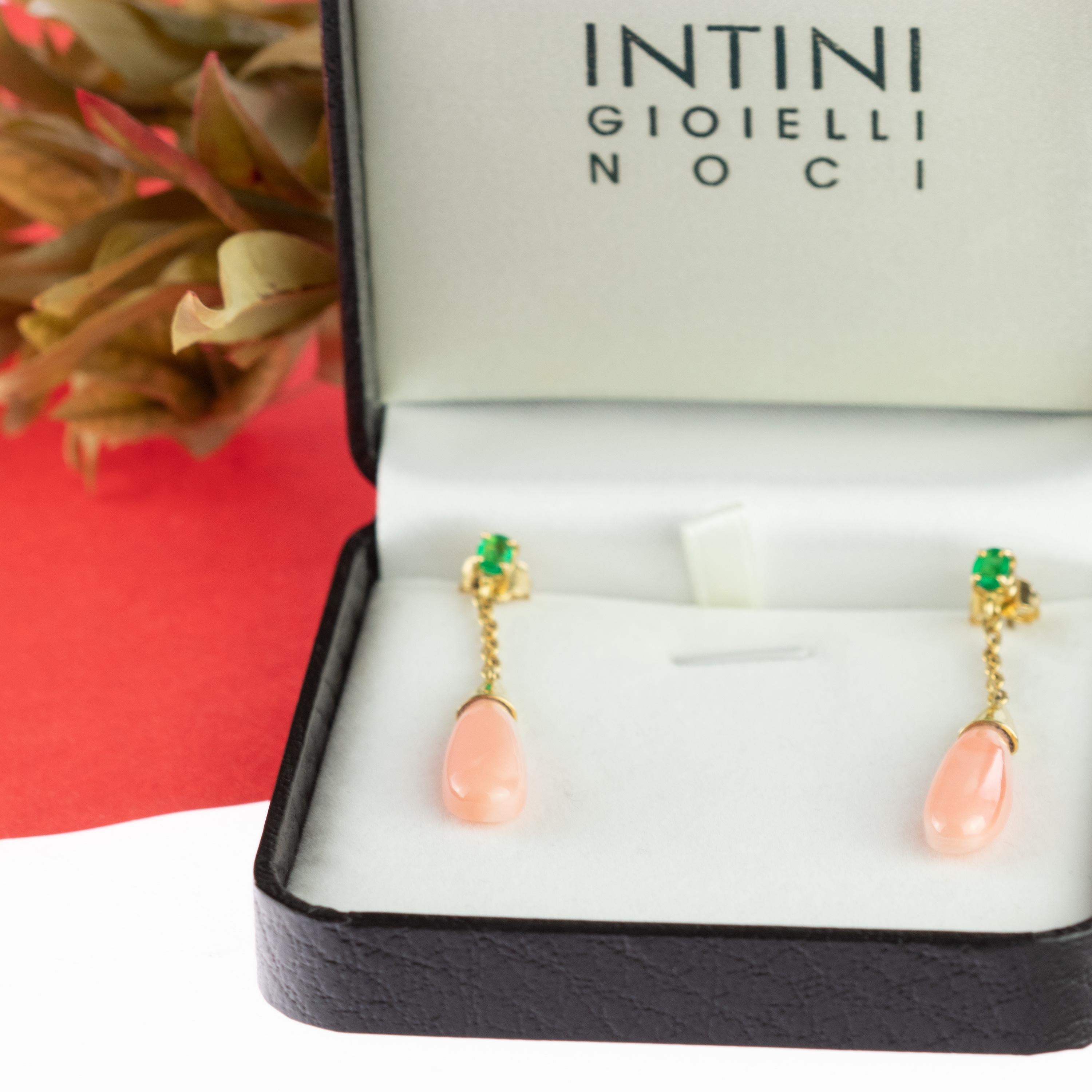 Intini Jewels Pendientes Esmeralda Rosa Coral Gota Lágrima Oro 18 Kilates Cocktail Chic en venta 4