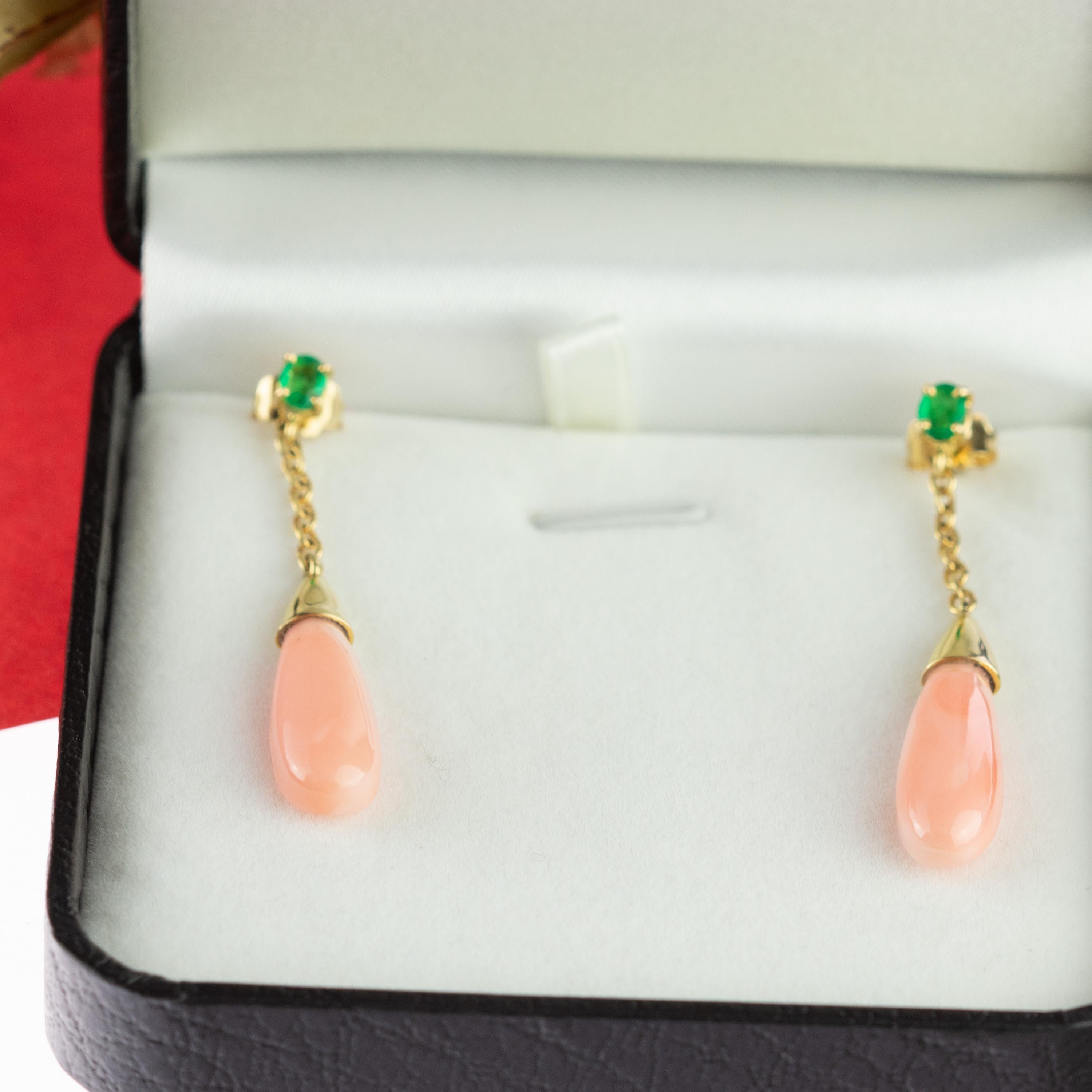 Intini Jewels Pendientes Esmeralda Rosa Coral Gota Lágrima Oro 18 Kilates Cocktail Chic en venta 5
