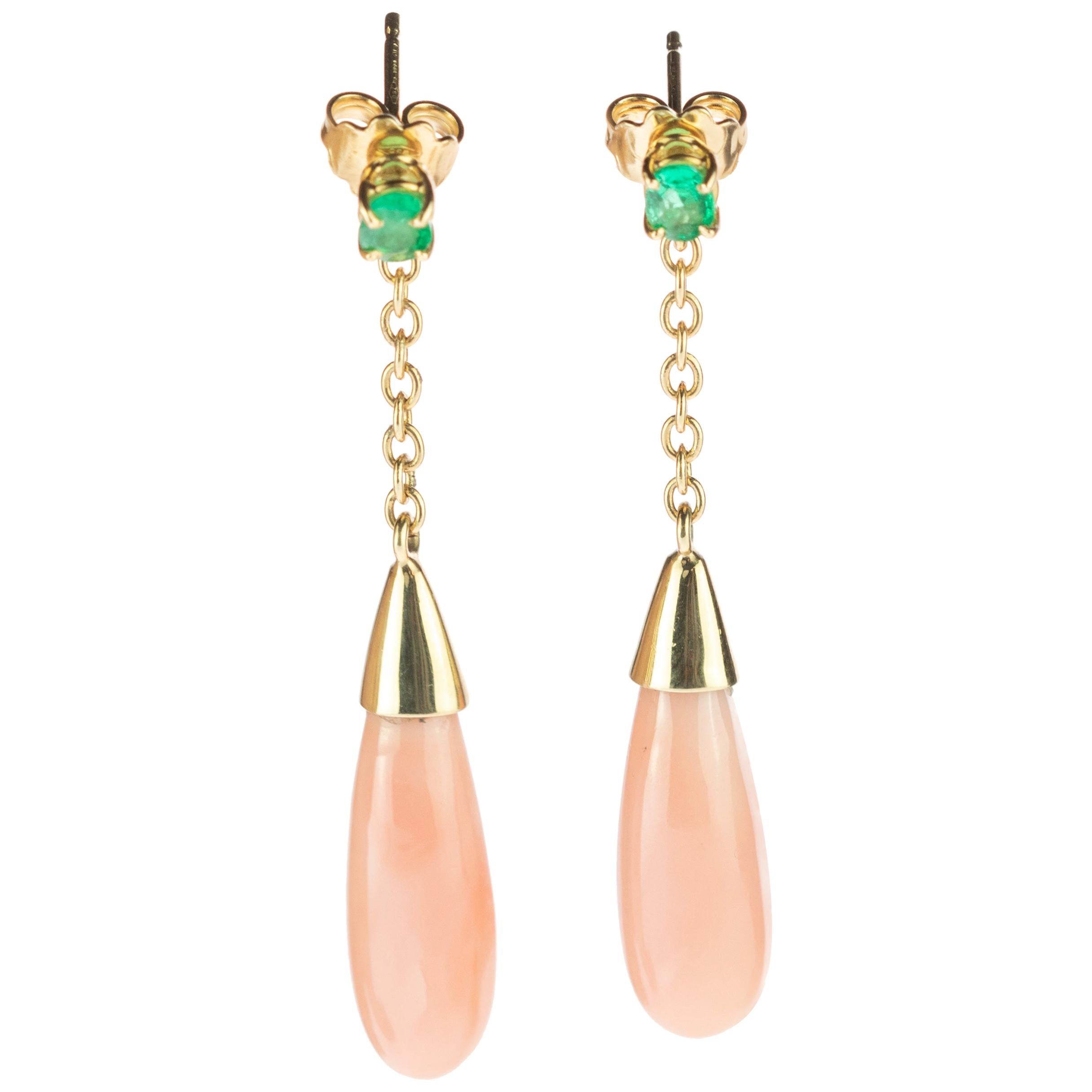 Intini Jewels Pendientes Esmeralda Rosa Coral Gota Lágrima Oro 18 Kilates Cocktail Chic