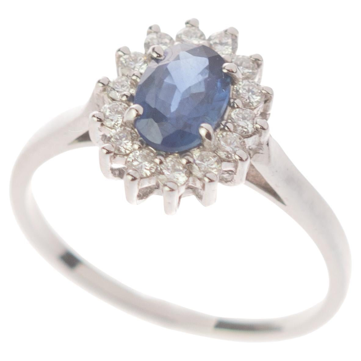 Diamanten intini Jewels Facettierter Blauer Saphir Oval Diamant 18 Karat Gold Edwardianischer Ring