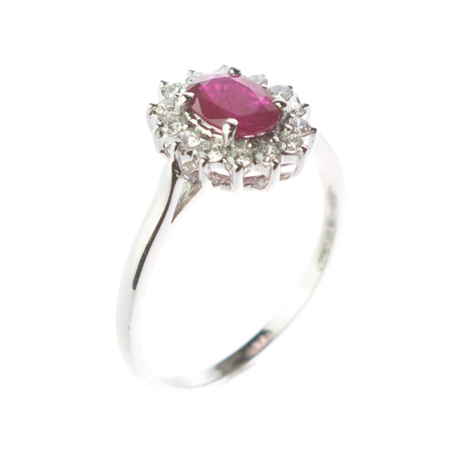 Intini Jewels Faceted Ruby Oval Diamond 18 Karat White Gold Edwardian Ring For Sale 1