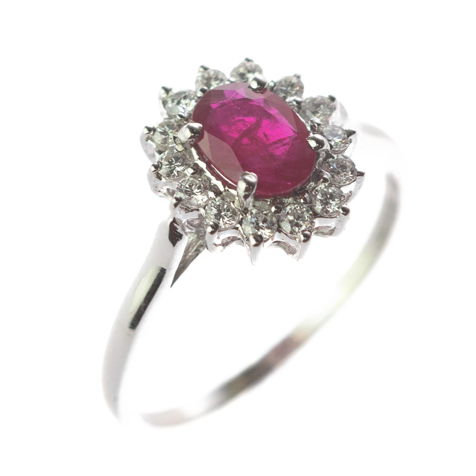 Intini Jewels Faceted Ruby Oval Diamond 18 Karat White Gold Edwardian Ring For Sale 2