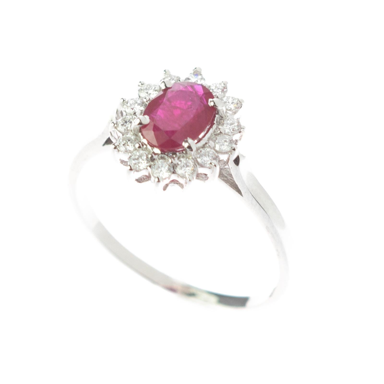 Intini Jewels Faceted Ruby Oval Diamond 18 Karat White Gold Edwardian Ring For Sale 4