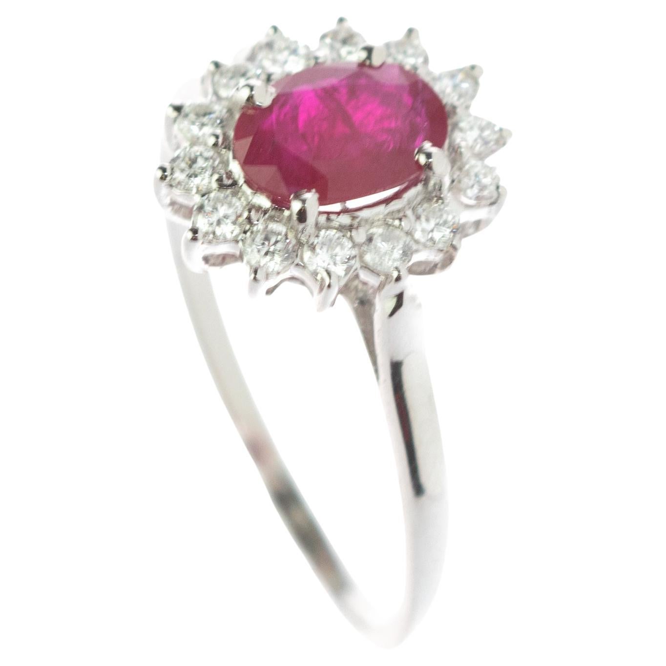 Intini Jewels Faceted Ruby Oval Diamond 18 Karat White Gold Edwardian Ring For Sale
