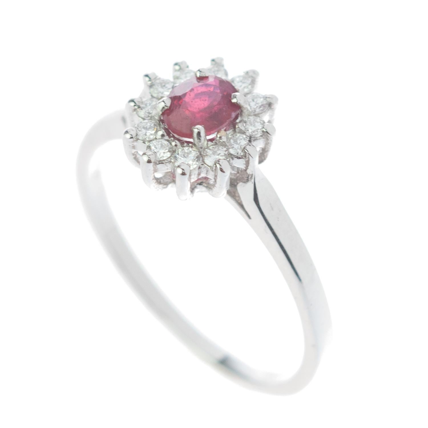 Women's Intini Jewels Faceted Ruby Oval Diamond 18 Karat White Gold Edwardian Ring For Sale