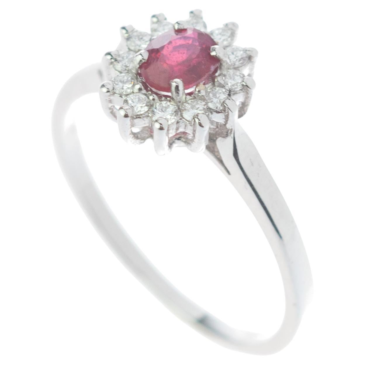 Intini Jewels Faceted Ruby Oval Diamond 18 Karat White Gold Edwardian Ring For Sale