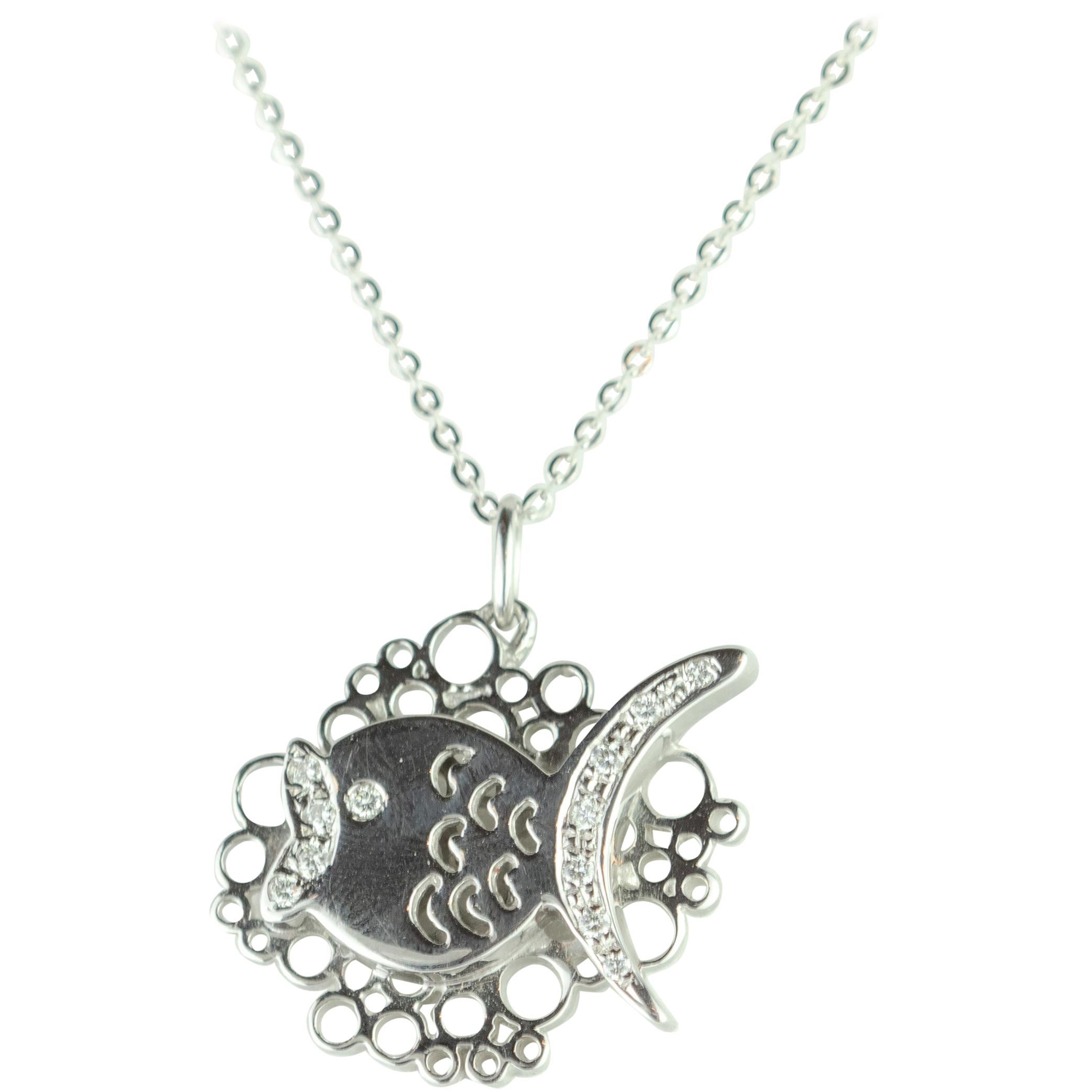 Intini Jewels Fish Diamond Pendant White Gold Chain Carved Piscis Gala Necklace For Sale