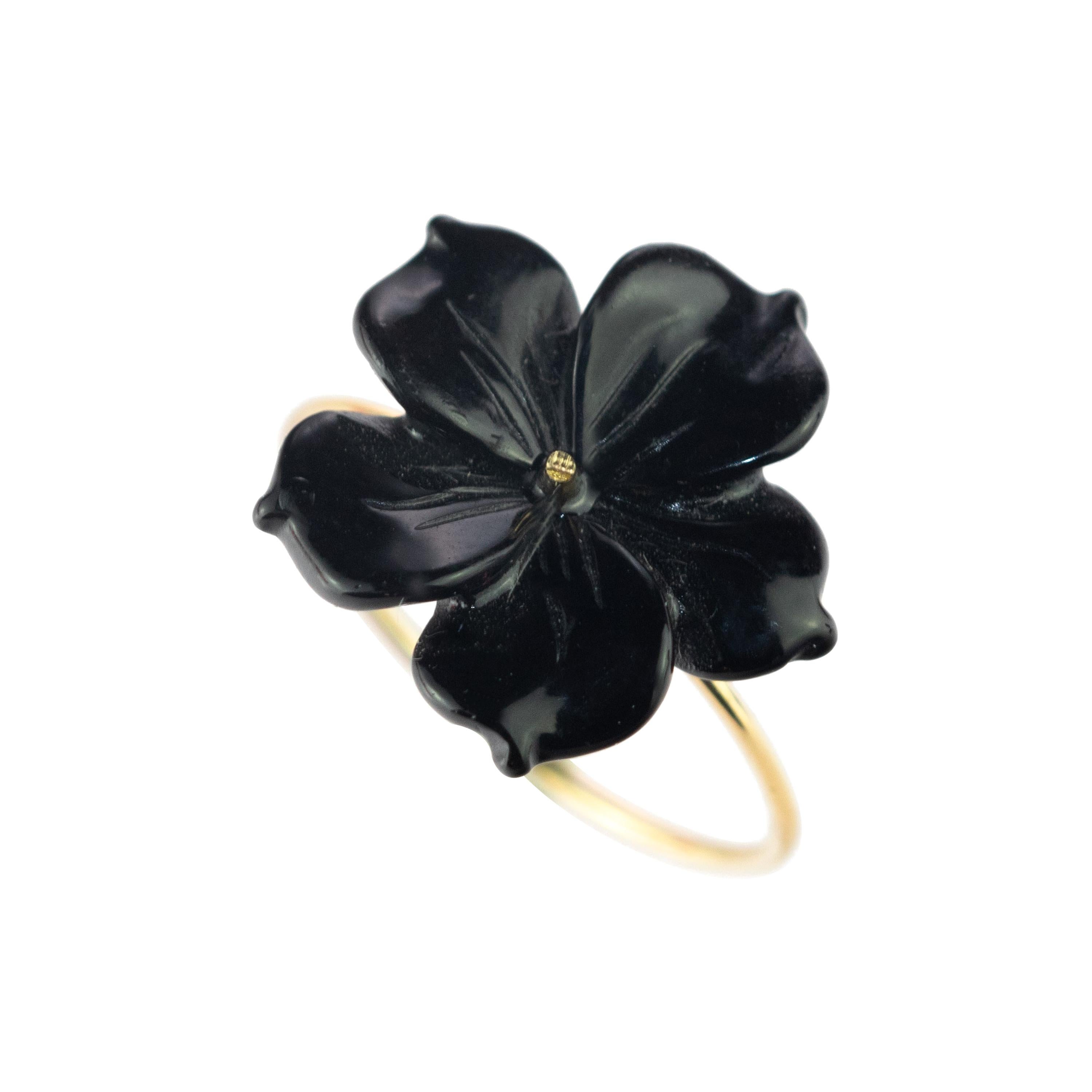 Intini Jewels Flower 18 Karat Gold Black Agate Handmade Italian Cocktail Ring For Sale