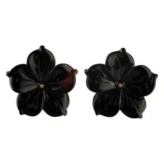 Intini Jewels Flower 18 Karat Gold Black Agate Stud Handmade Italian Earrings