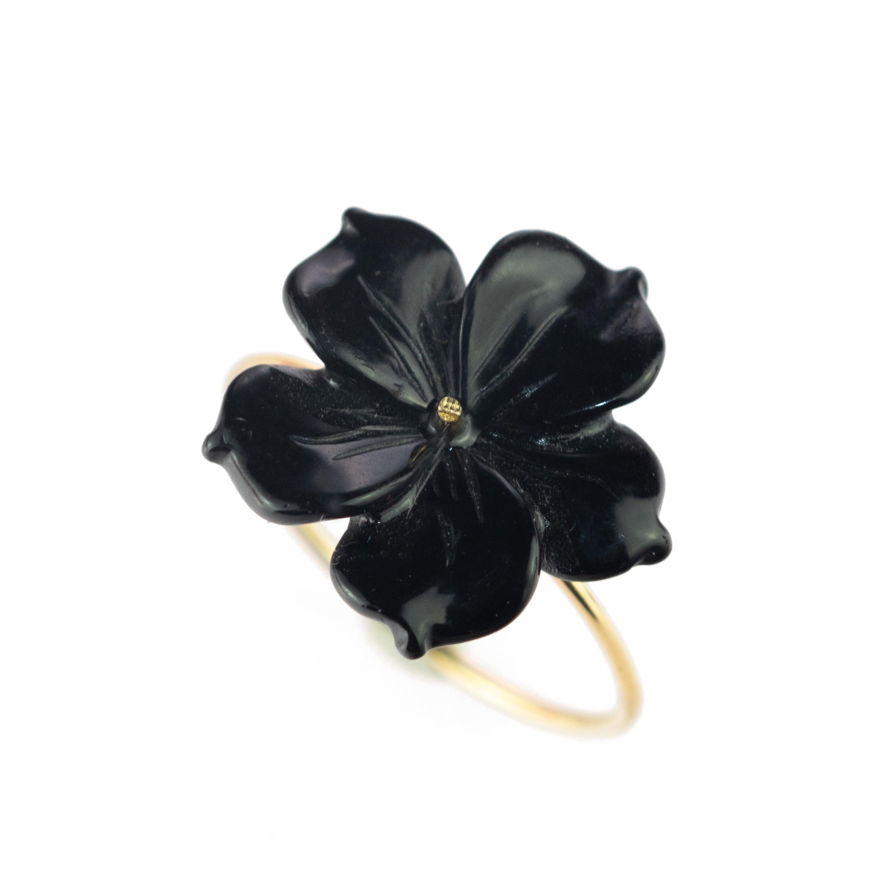 Mixed Cut Intini Jewels Flower 9 Karat Gold Black Agate Handmade Italian Cocktail Ring For Sale