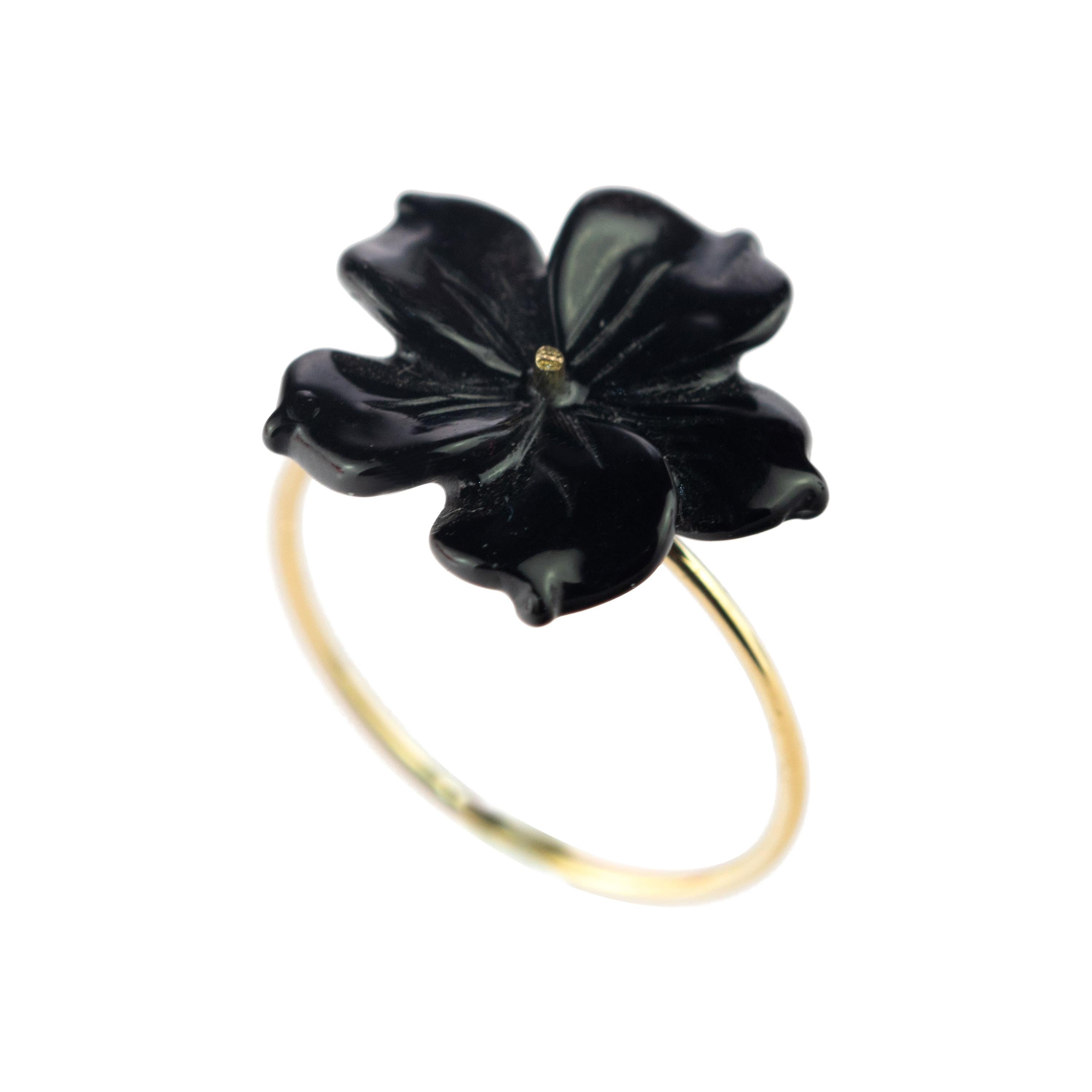 Intini Jewels Flower 9 Karat Gold Black Agate Handmade Italian Cocktail Ring For Sale