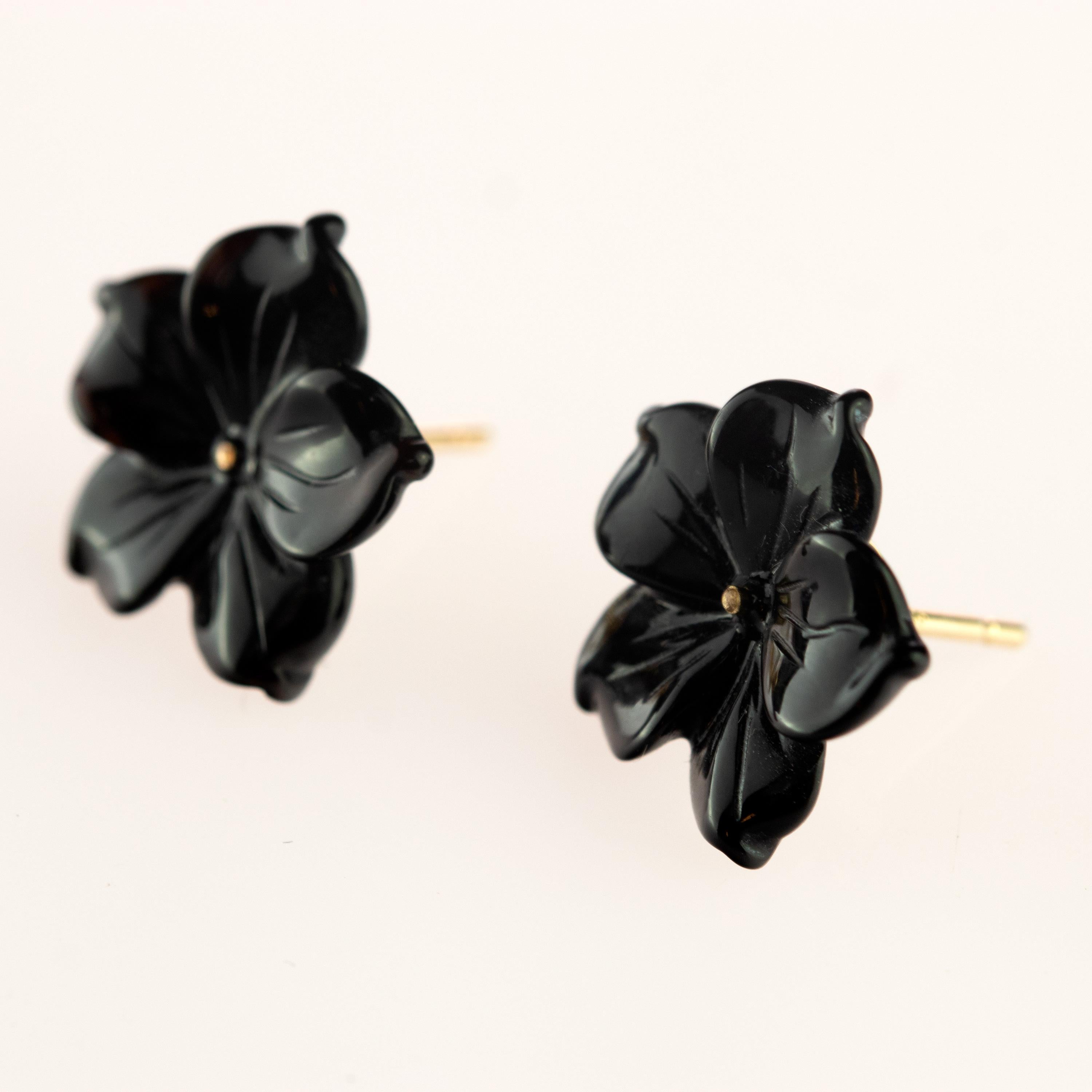 Art Nouveau Intini Jewels Flower Gold Plate Black Agate Stud Handmade Italian Earrings For Sale