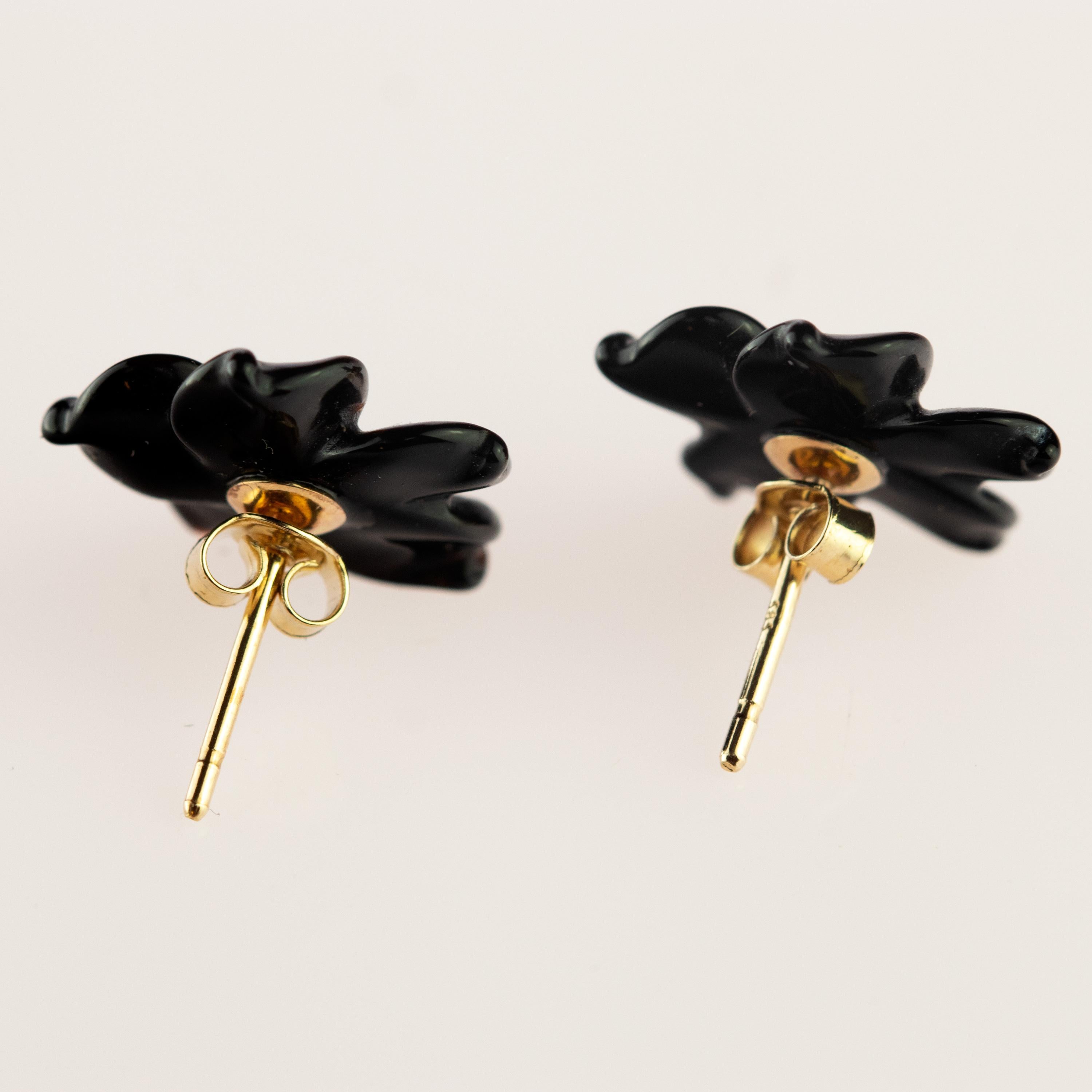 Mixed Cut Intini Jewels Flower Gold Plate Black Agate Stud Handmade Italian Earrings For Sale