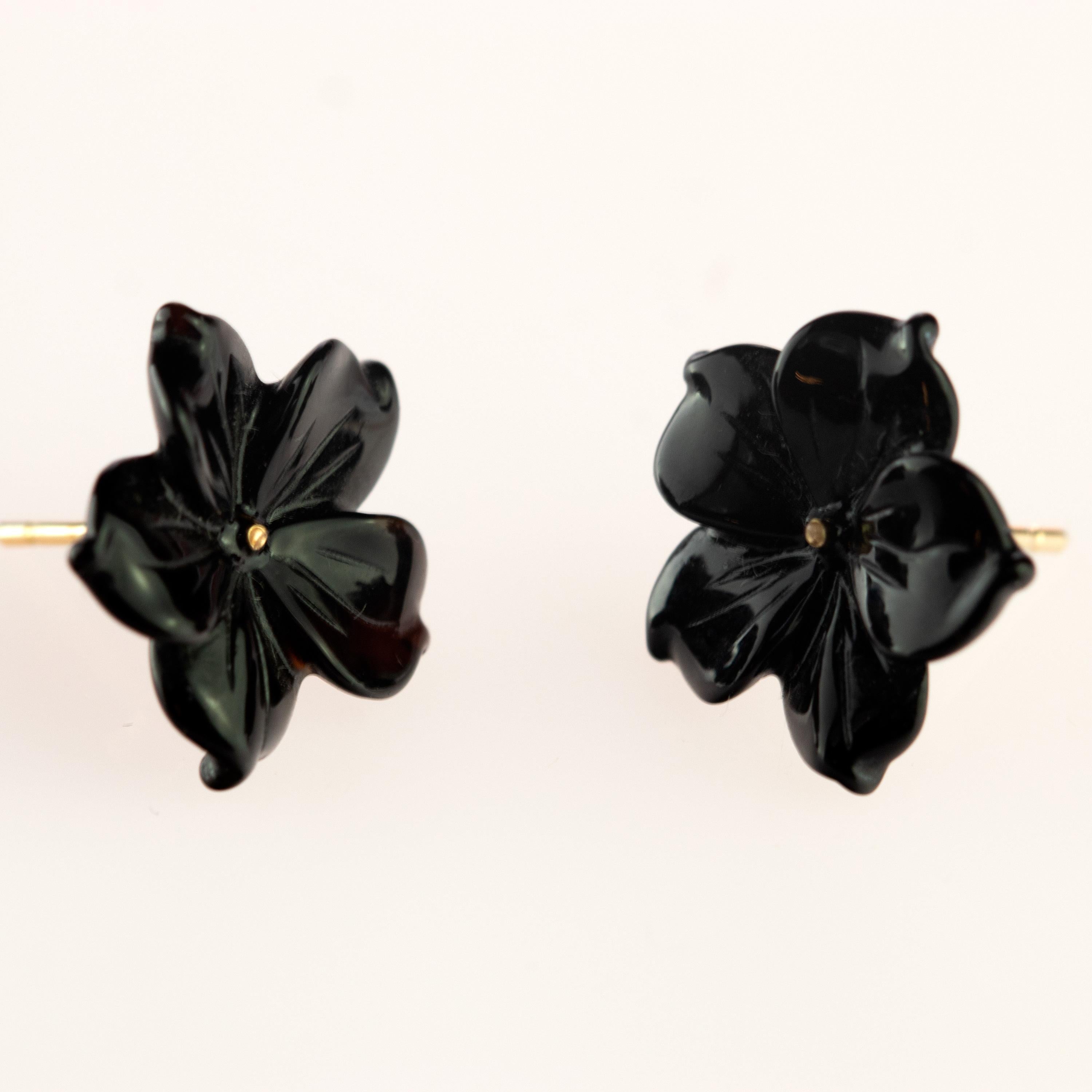 Women's Intini Jewels Flower Gold Plate Black Agate Stud Handmade Italian Earrings For Sale