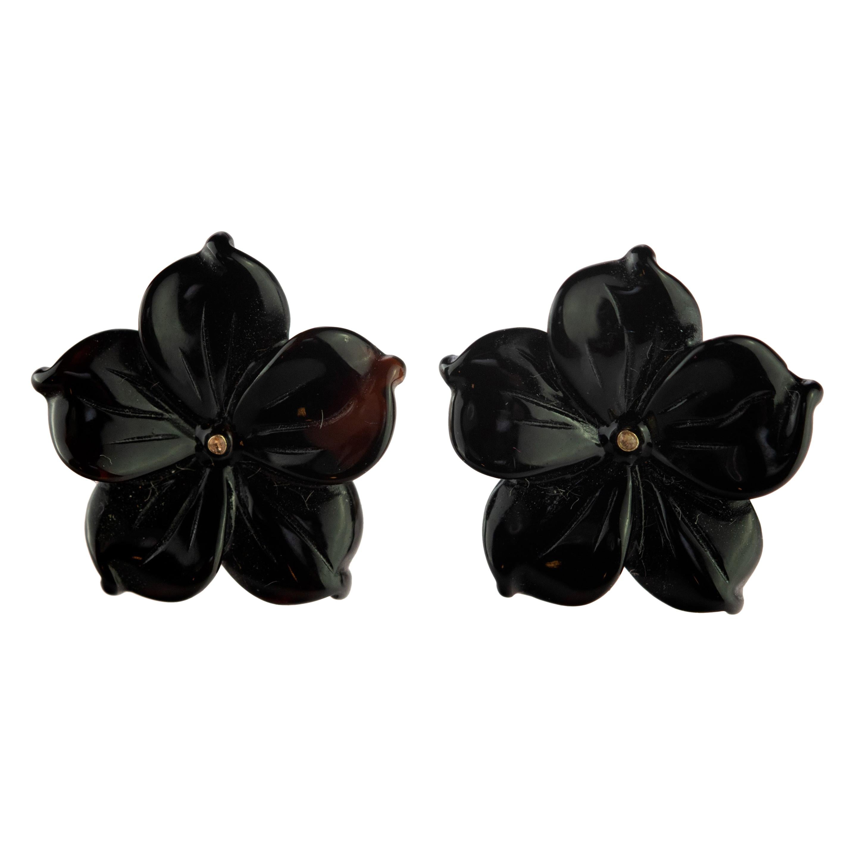 Intini Jewels Flower Gold Plate Black Agate Stud Handmade Italian Earrings For Sale