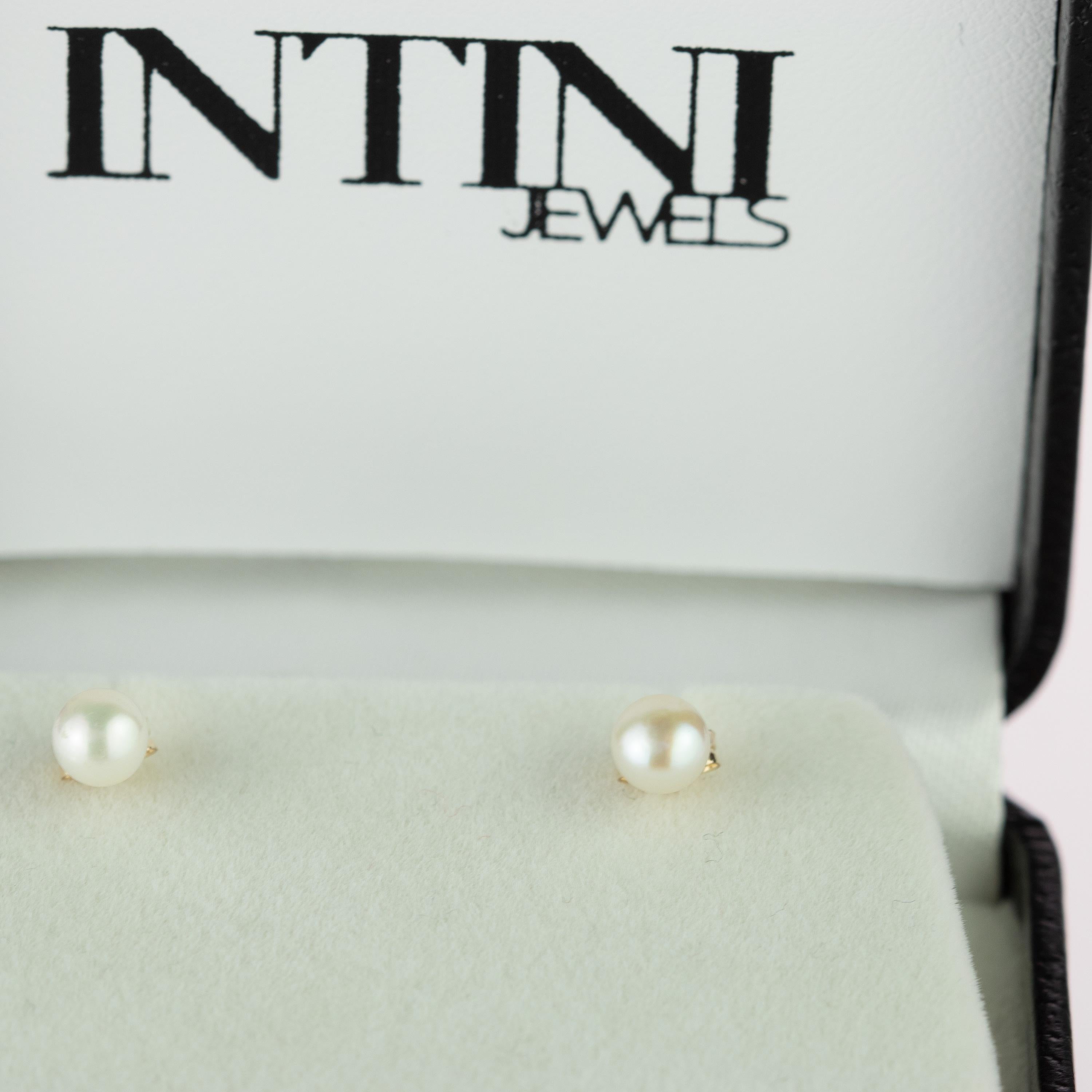 Intini Jewels Freshwater Pearl 18 Karat Gold Stud Deco Earrings For Sale 5