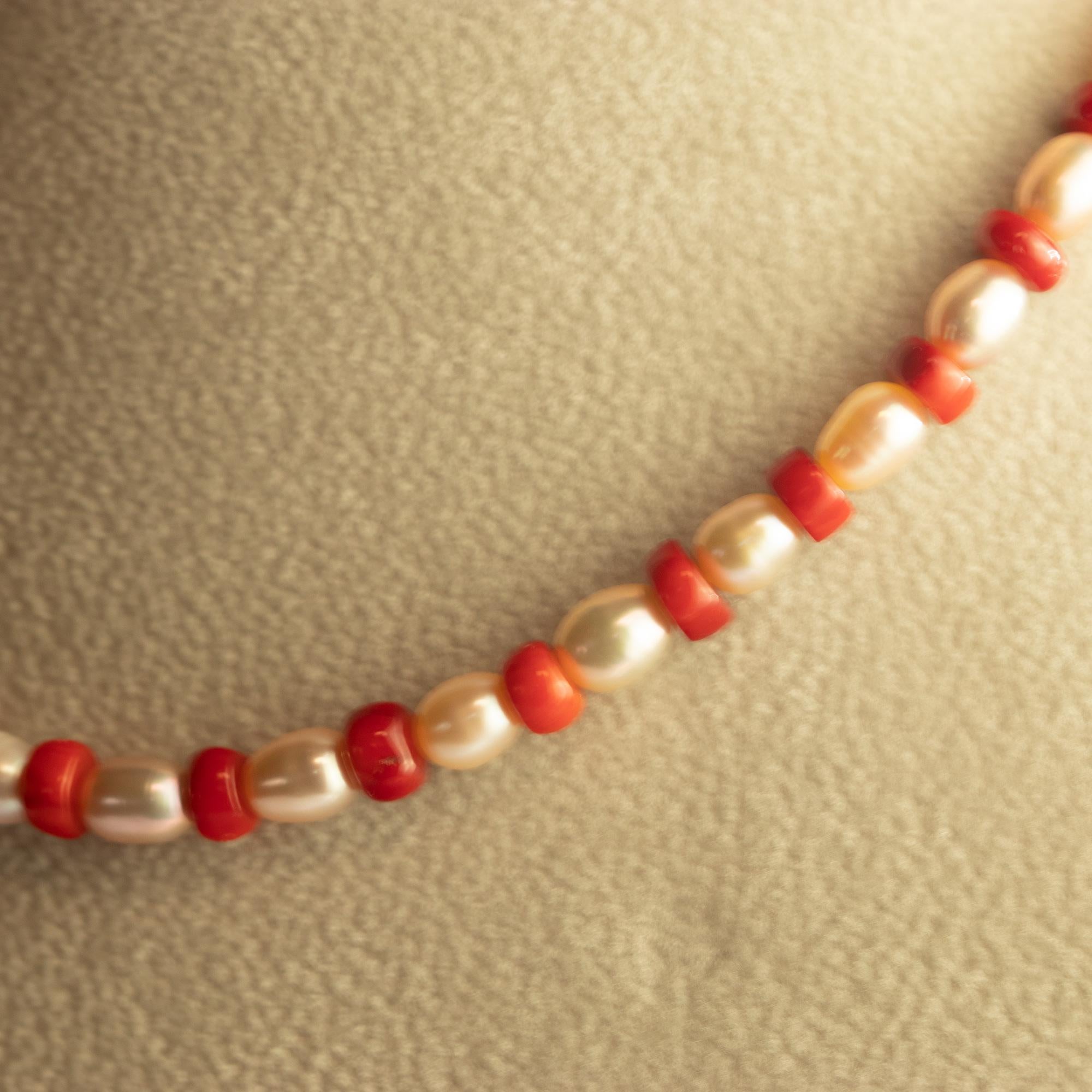 Intini Jewels Perla de agua dulce Coral de bamb�ú Oro de 18 quilates Collar Boho Chic Deco Corte mixto en venta