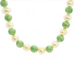 Intini Jewels Freshwater Pearl Chinese Jade 18K Gold Boho Chic Deco Necklace