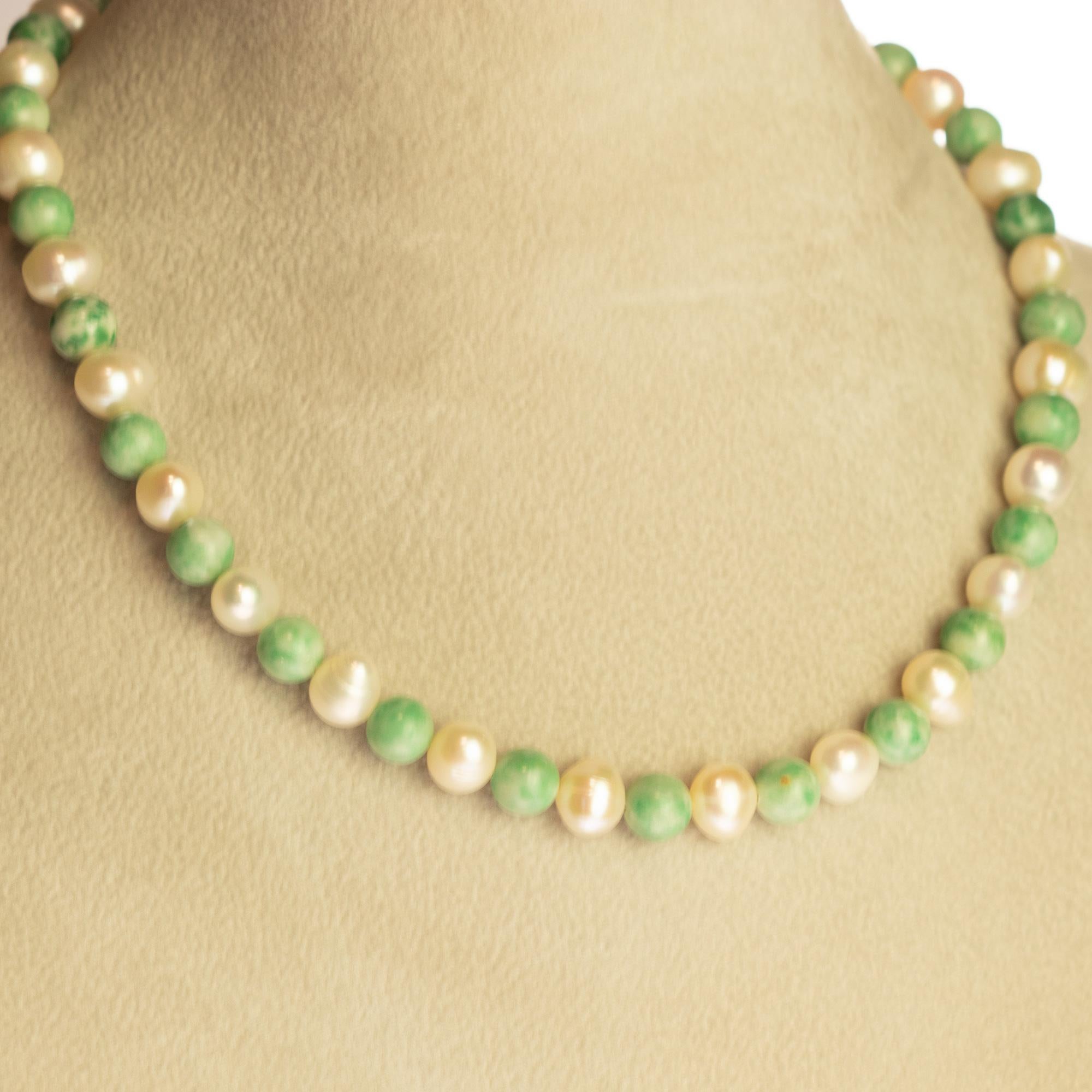 Art Nouveau Intini Jewels Freshwater Pearl Chinese Jade 18K Gold Boho Chic Deco Necklace For Sale