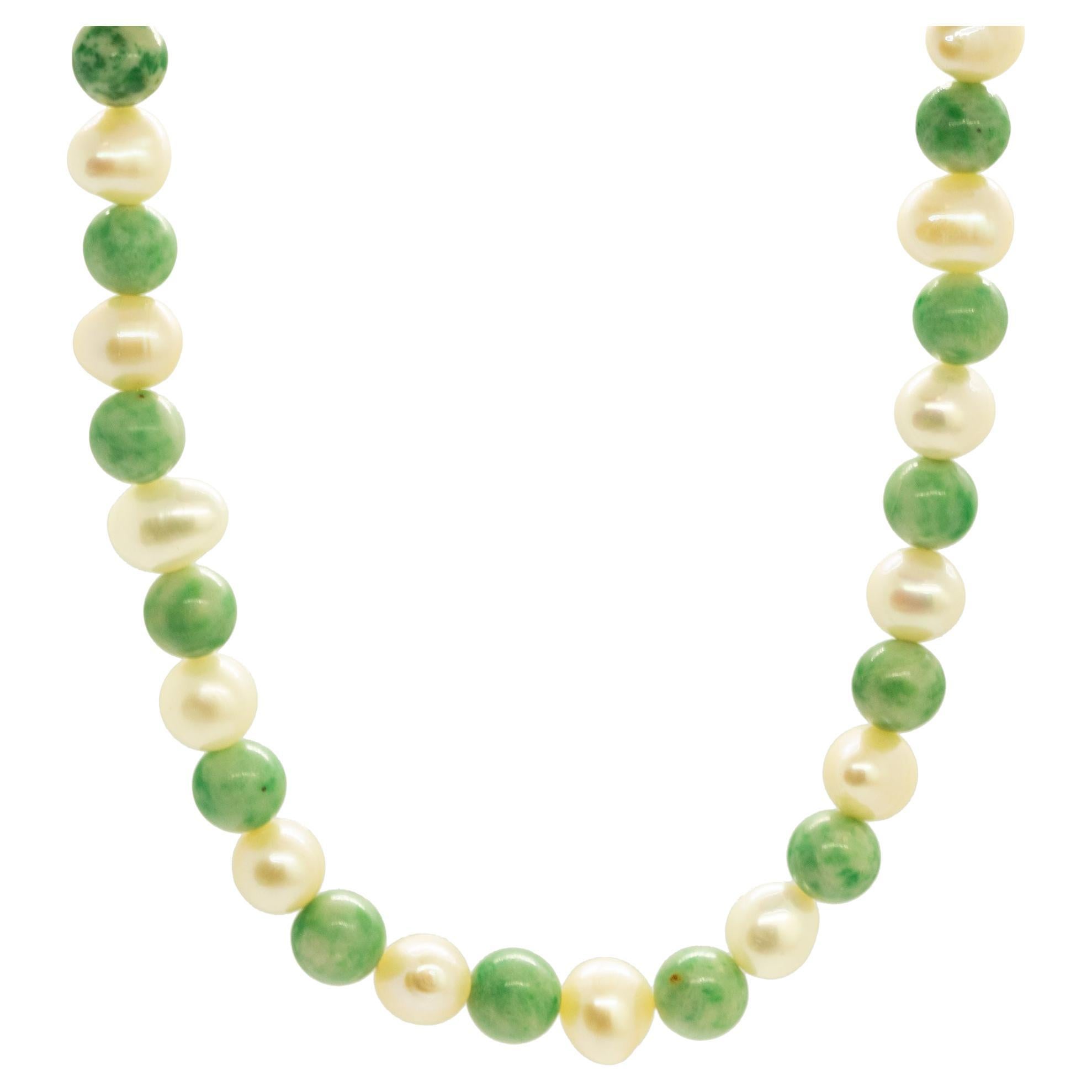 Intini Jewels Freshwater Pearl Chinese Jade 18K Gold Boho Chic Deco Necklace For Sale