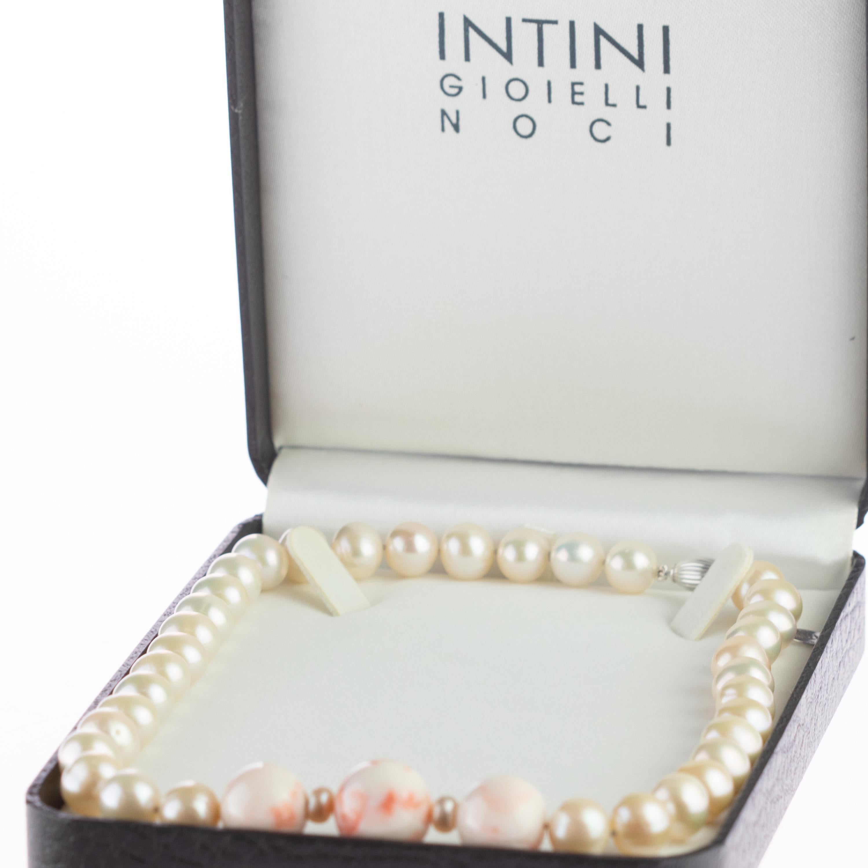 Intini Jewels Freshwater Pearl Coral 14 Karat White Gold Cocktail Necklace For Sale 8