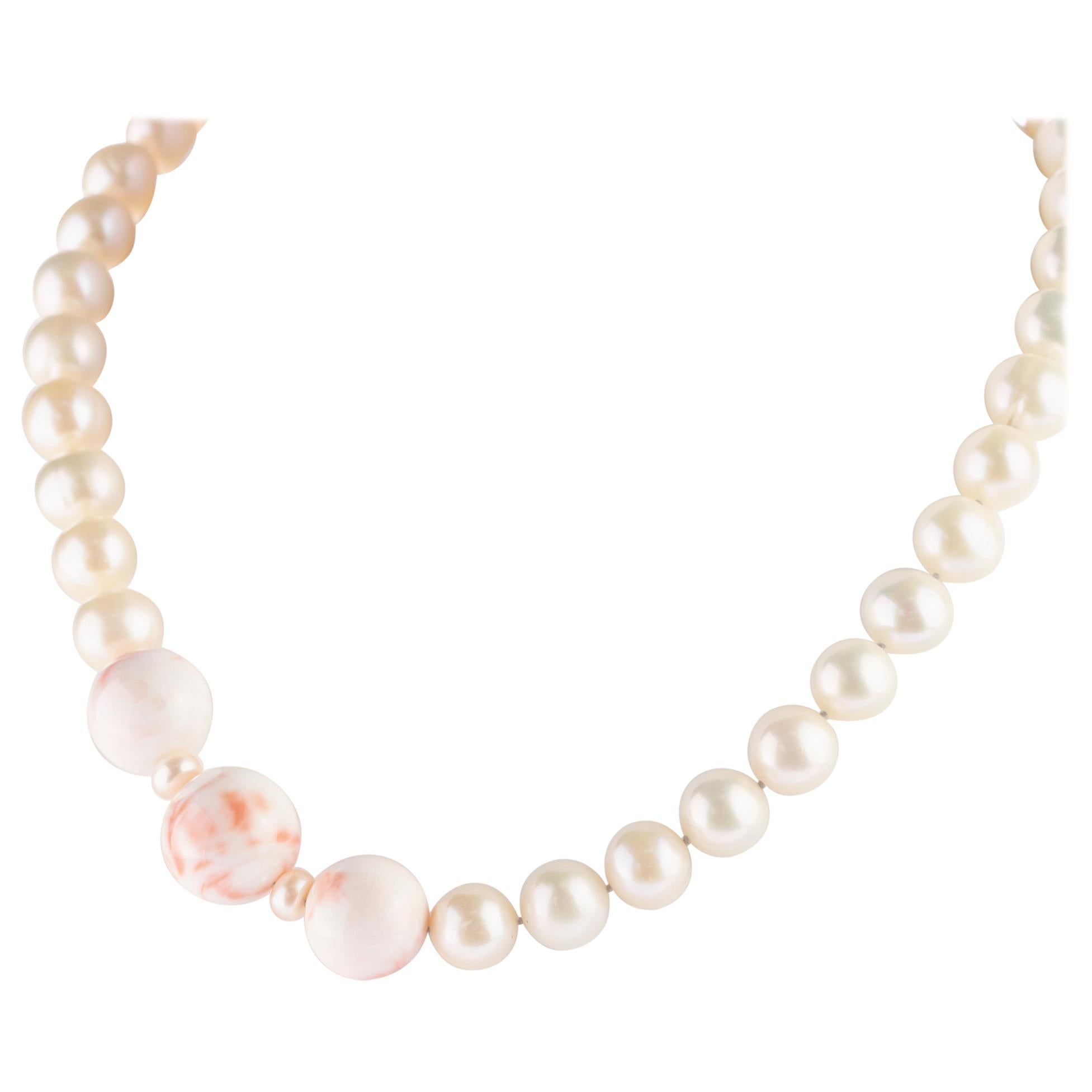 Intini Jewels Freshwater Pearl Coral 14 Karat White Gold Cocktail Necklace For Sale