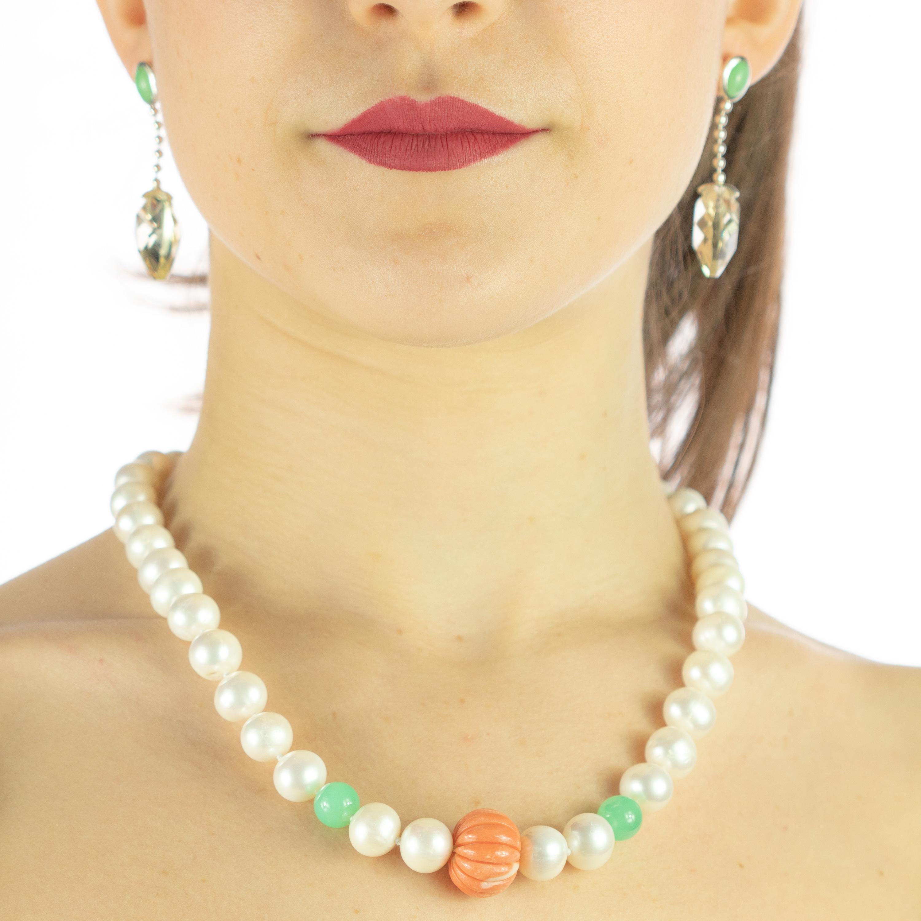 Intini Jewels Freshwater Pearl Coral Chrysoprase Sterling Silver Beaded Necklace For Sale 5