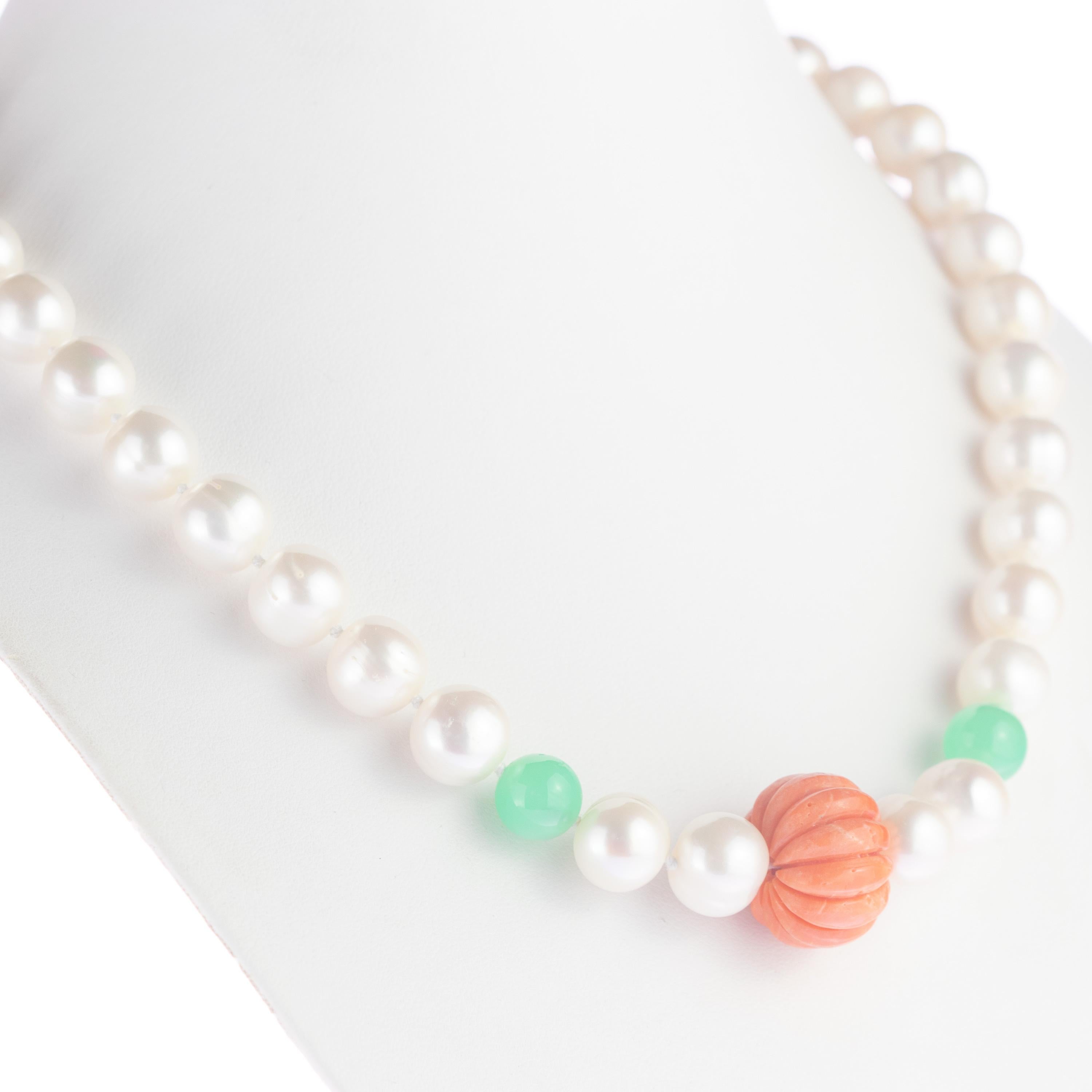 Art Nouveau Intini Jewels Freshwater Pearl Coral Chrysoprase Sterling Silver Beaded Necklace For Sale