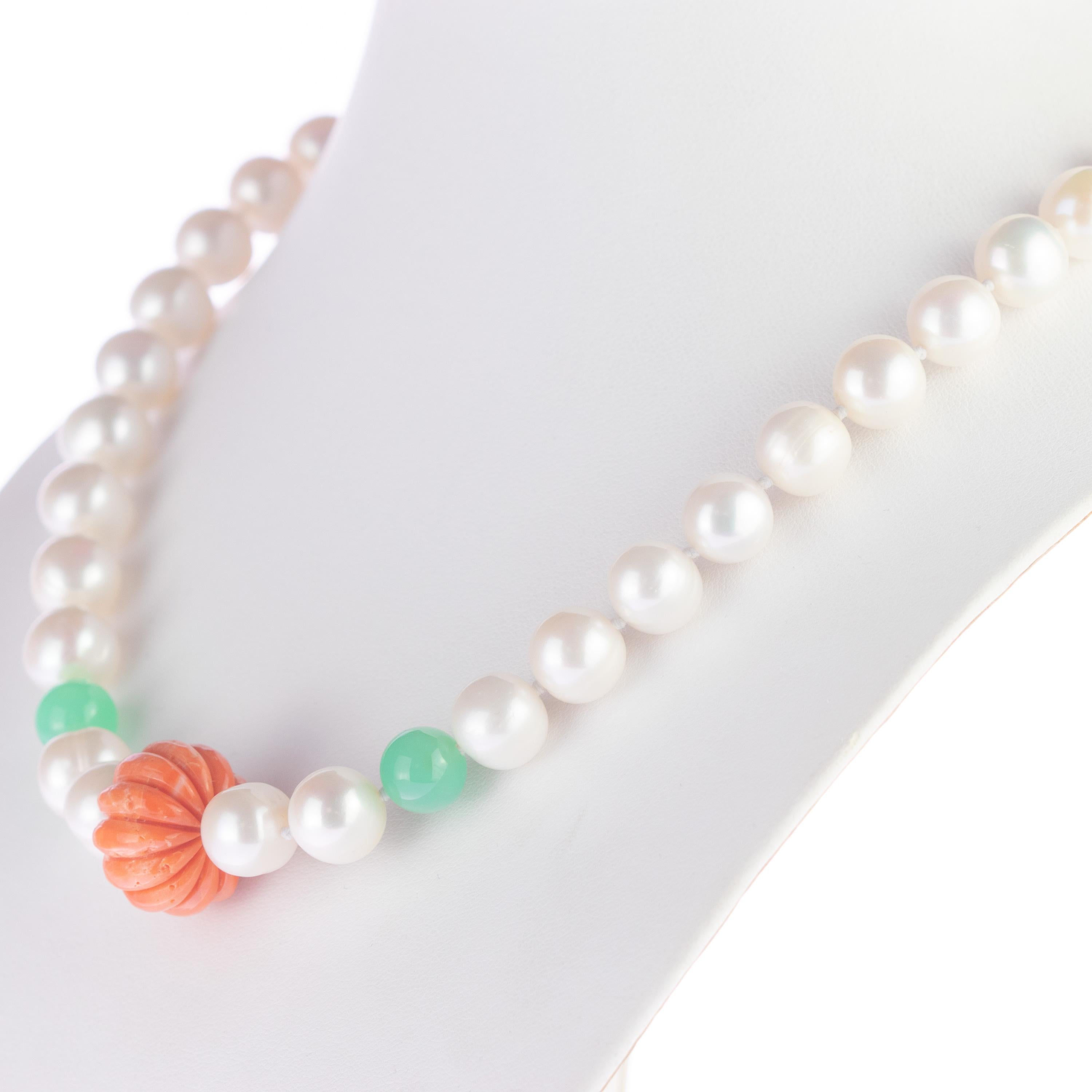 Mixed Cut Intini Jewels Freshwater Pearl Coral Chrysoprase Sterling Silver Beaded Necklace For Sale